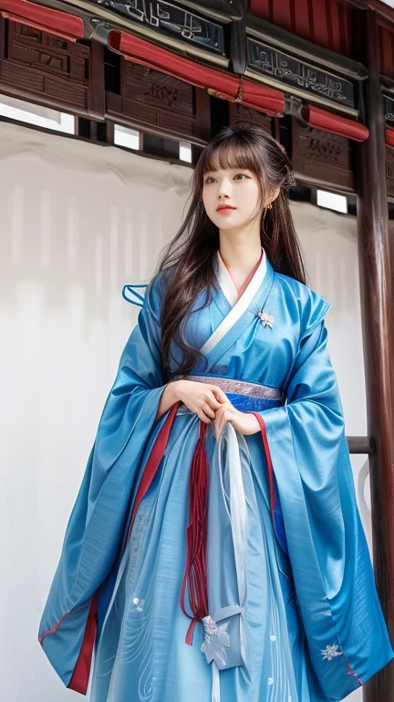 A woman in her 50s wearing a blue dress standing in front of a white wall, Hanfu, hanbok, korean hanbok, palace ， a girl in Hanfu, kimono, Traditional clothing, white Hanfu, Wearing Ancient Chinese Clothing, Traditional Dress, Traditional attire, hanbok apron, 8k)), 中国のTraditional attire, Korean women, Classic Robe