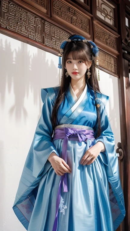 A woman in her 50s wearing a blue dress standing in front of a white wall, Hanfu, hanbok, korean hanbok, palace ， a girl in Hanfu, kimono, Traditional clothing, white Hanfu, Wearing Ancient Chinese Clothing, Traditional Dress, Traditional attire, hanbok apron, 8k)), 中国のTraditional attire, Korean women, Classic Robe