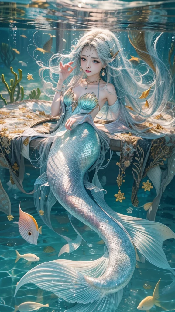 (RAW shooting, 24k, highest quality, masterpiece, Ultra-high resolution), (Under the sea at night:1.0, moonlight:0.7, Mysterious underwater world:1.2, Expressions of sadness:1.0), Fractal Art:1.2, Perfect dynamic composition:1.2, 非常にdetailedな肌と顔の質感:1.2, (Viewing the subject from a distance:1.2, Dynamic flow of water waves:1.0, mermaid figure:1.0, Mermaid tail), Fair skin, Incredibly slim body:1.2, Very beautiful face, Water droplets on the skin, detailed, Rain drips down on my body, Wet body, Wet Hair, Swimming Pro:1.0, Gorgeous silver shiny mermaid dress, Big eyes that exude beauty, Beautiful big lips, Very sweet atmosphere, necklace, Earrings, bracelet, Coral Reef