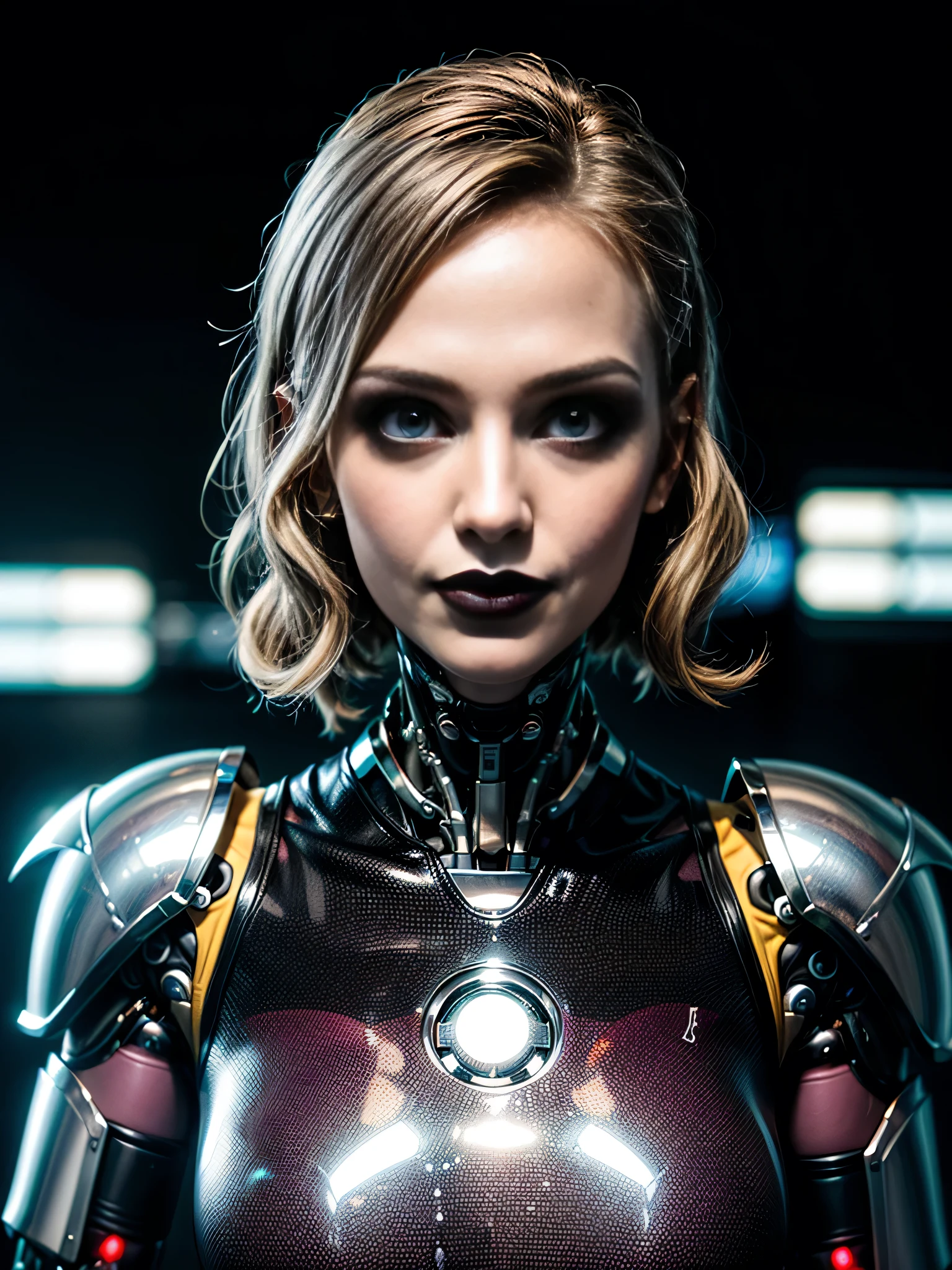 ((best quality: 1.5)) ((masterpiece: 0.8)), intricate details, sharp focus, professional, photorealistic, real life, realistic representation of the face, (((solo, 1girl) muscular mistress, (albino, albino, mysterious expression, black lipstick, ((cyborg, mechanical arms, cybernetic torso))))), bright glow, dynamic pose, dark room, dark background, black background, solo, BREAK; BREAK (((smirking, (blackout gothic eye makeup, cleft chin), wavy dark hair))), (freckles: 0.9), ((fujicolor, film grain)) BREAK; BREAK (((((futuristic gray maroon lacquered chrome armor)), professional lighting, photon mapping, radiosity, physically based rendering, ultra resolution, photorealistic, hyper-realistic)))
