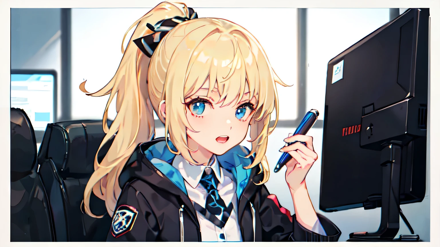 ((highest quality)), ((masterpiece)), (detailed), Perfect Face、office、desk work、blonde、Smooth Hair、ponytail、Black jacket and white shirt、Tablet terminal、