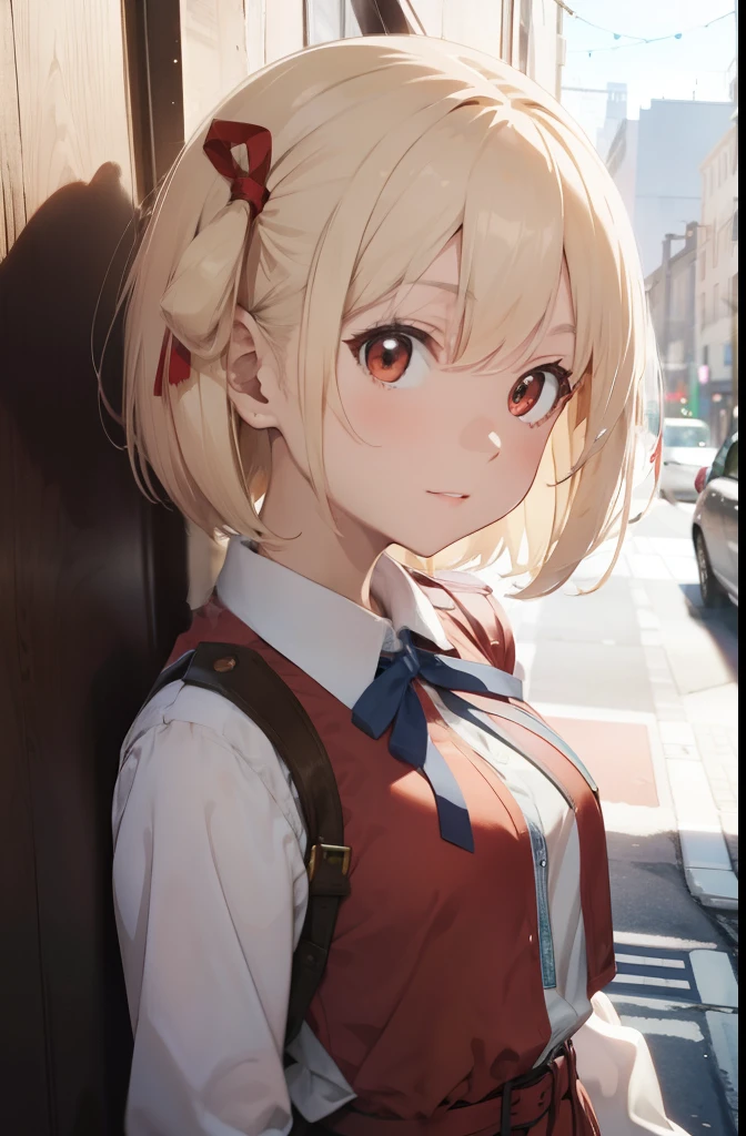 chisatonishikigi, nishikigi chisato, short hair, bangs, blonde hair, (red eyes:1.5), hair ribbon, one side up, bob cut,
BREAK shirt, long sleeves, dress, ribbon, white shirt, collared shirt, belt, neck ribbon, red dress, blue ribbon, pleated dress, grey dress, two-tone dress, red belt, lycoris uniform,,
BREAK outdoors, city,
BREAK looking at viewer, BREAK (masterpiece:1.2), best quality, high resolution, unity 8k wallpaper, (illustration:0.8), (beautiful detailed eyes:1.6), extremely detailed face, perfect lighting, extremely detailed CG, (perfect hands, perfect anatomy),