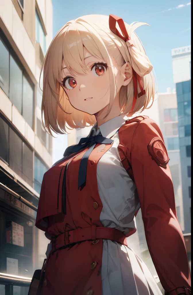 chisatonishikigi, nishikigi chisato, short hair, bangs, blonde hair, (red eyes:1.5), hair ribbon, one side up, bob cut,
BREAK shirt, long sleeves, dress, ribbon, white shirt, collared shirt, belt, neck ribbon, red dress, blue ribbon, pleated dress, grey dress, two-tone dress, red belt, lycoris uniform,,
BREAK outdoors, city,
BREAK looking at viewer, BREAK (masterpiece:1.2), best quality, high resolution, unity 8k wallpaper, (illustration:0.8), (beautiful detailed eyes:1.6), extremely detailed face, perfect lighting, extremely detailed CG, (perfect hands, perfect anatomy),