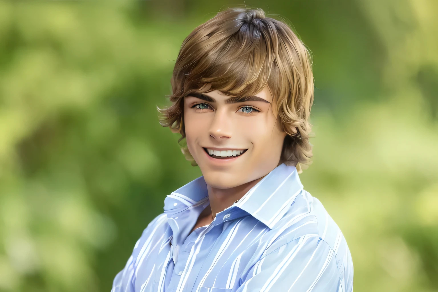 arafed young man with a blue shirt and white striped shirt, zac efron, young man with medium - length, cute young man, flipped out hair, teen boy, male teenager, cute boy, young with long hair, shaggy haircut, promotional still, adam, beautiful young man, max dennison, tommy 1 6 years old, he has short curly brown hair