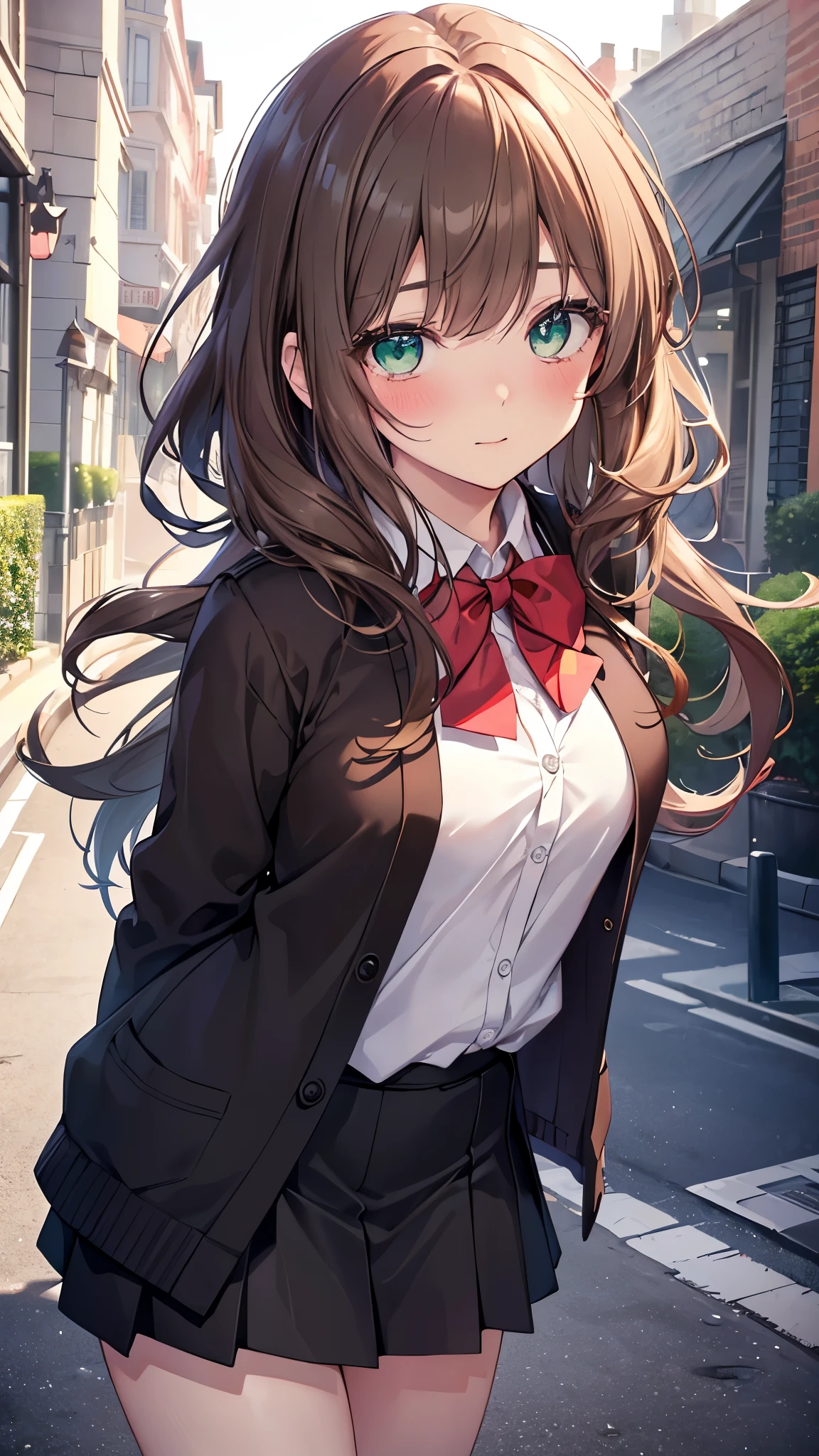 ((Tabletop, highest quality, High resolution, Hmph, Pixel perfect, Depth of written boundary, 4K, Hmph, Hmph))), One Girl, single, alone, Beautiful Anime Girls, Beautiful art style, Anime characters, ((Long Hair, bangs, Dark brown hair, Curly Hair:0.8)), ((Green Eyes:1.4, Fine grain, Beautiful Eyes, Perfect Eyes,Curled lashes, Realistic eyes)), ((Detailed face, Blushing:1.2)), ((Smooth texture:0.75, Realistic texture:0.5, Anime CG Style)), Medium chest, Dynamic Angle, Big Breasts, Perfect body, Dynamic pose, ((Red bow tie, , Black jacket, Open jacket, Brown cardigan, White shirt, Black Skirt, Checked skirt)), smile, Open your mouth, Put your arms behind your back, Leaning forward, Amalment Park, ((close, throw, cute, Shoot in the face))