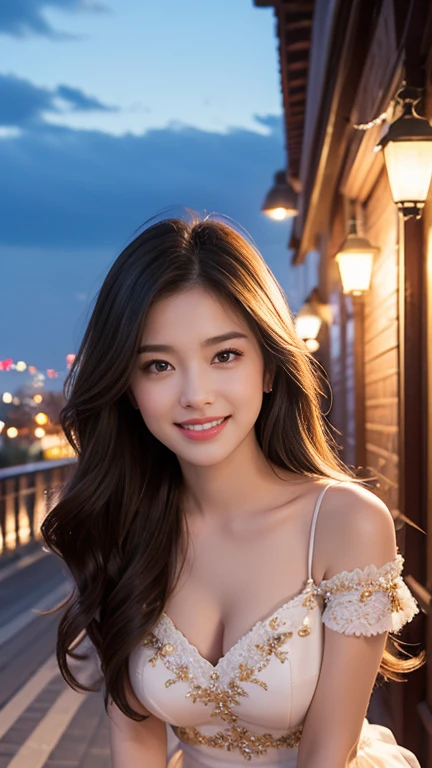 (highest quality)、8K、Perfect Face、Perfect Style、Sunburn、Long Layered Hair、beautiful、stylish charm、(From a side angle:1.5)、、In a lovely outfit、Dinner、whole body、High heels,smile、Night view、profile