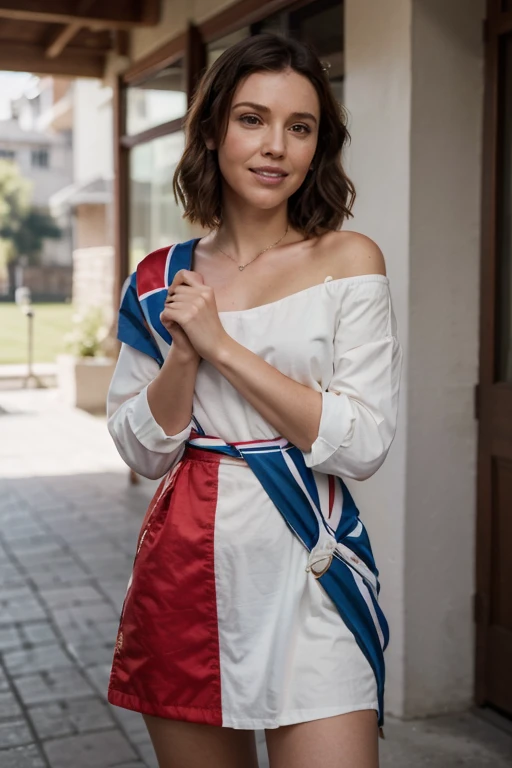 sks woman, masterpiece, best quality, 1 girl, alone, looking at viewer, blush, smile, open mouth, holding, standing, full body, bag, blurred, head tilt, shoulder bag, flag, holding flag, Millie Bobby Brown