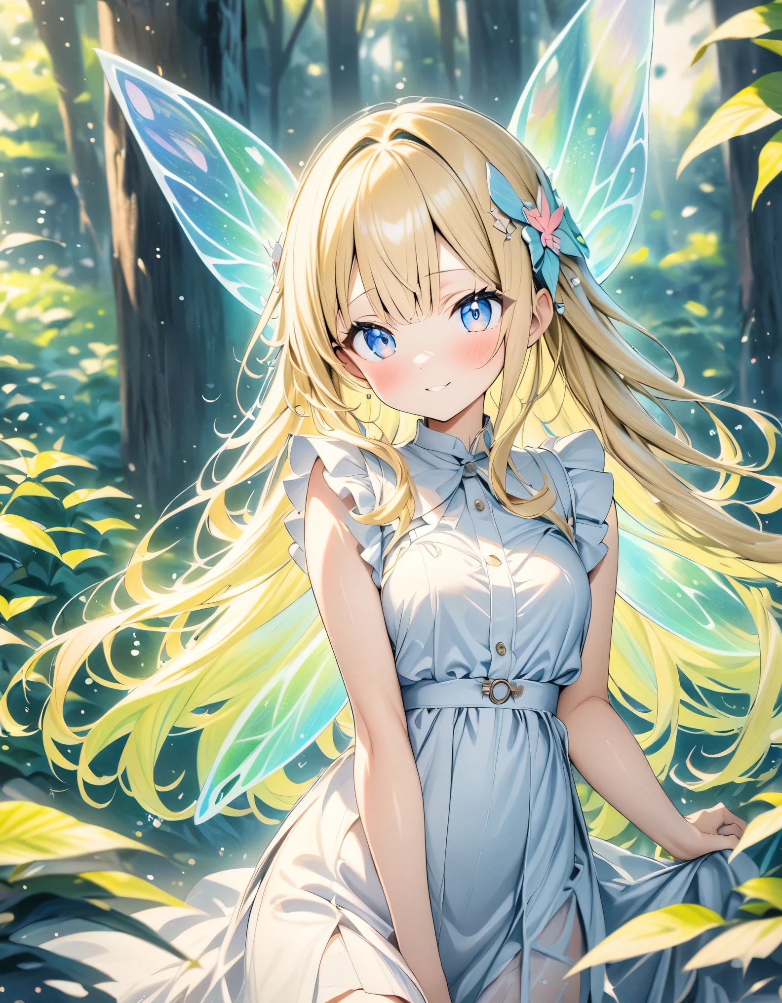 ((style:colored pencil,Pale colors)),(anime)、(masterpiece:1.2),in the forest、Transparent sparkly fairy wings、Fairy Girl、Blonde、Blue Eyes、hair ornaments