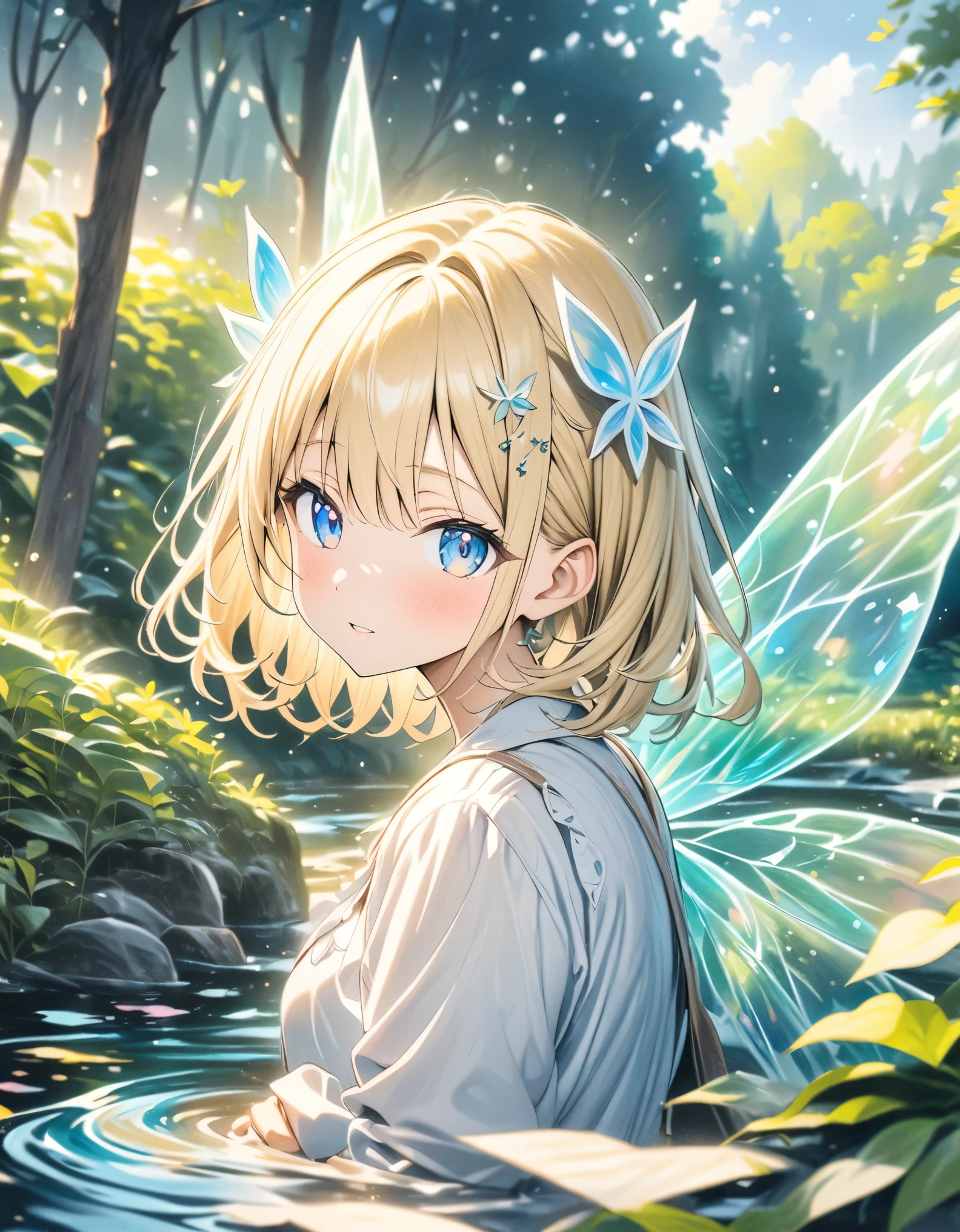 ((style:colored pencil,Pale colors)),(anime)、(masterpiece:1.2),in the forest、Transparent sparkly fairy wings、Fairy Girl、Blonde、Blue Eyes、hair ornaments、stream