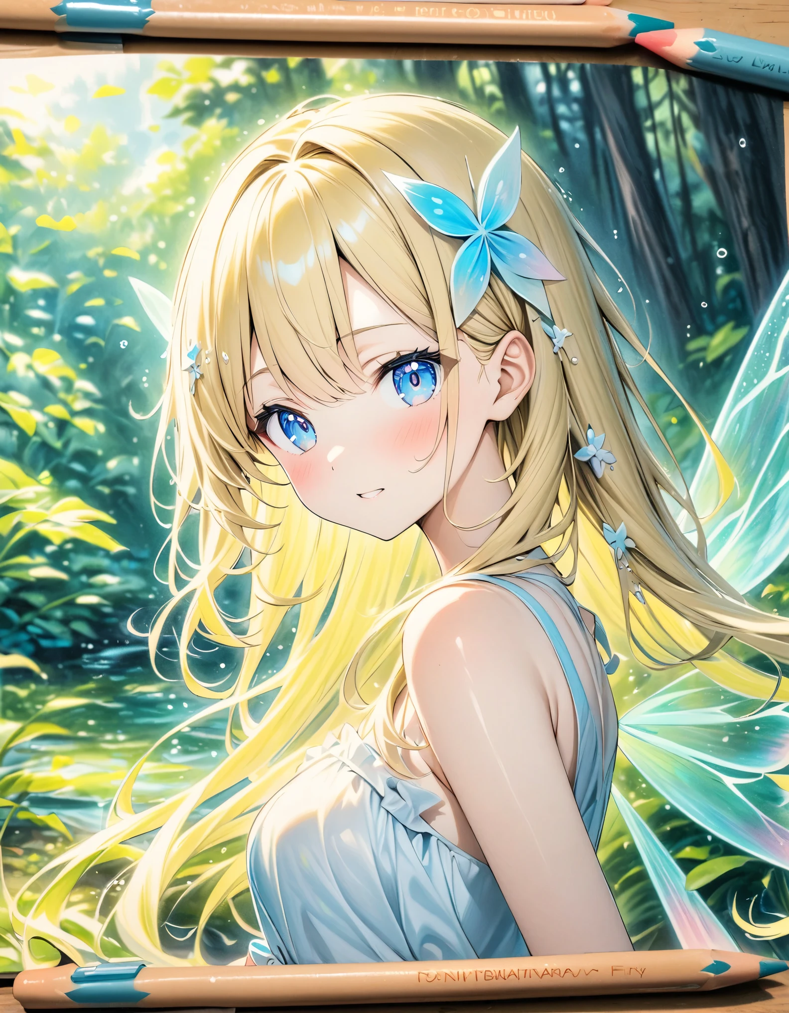 ((style:colored pencil,Pale colors)),(anime)、(masterpiece:1.2),in the forest、Transparent sparkly fairy wings、Fairy Girl、Blonde、Blue Eyes、hair ornaments、stream