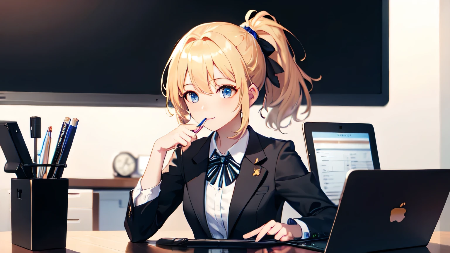 ((highest quality)), ((masterpiece)), (detailed), Perfect Face、office、desk work、blonde、Smooth Hair、ponytail、Black jacket and white shirt、Tablet terminal、