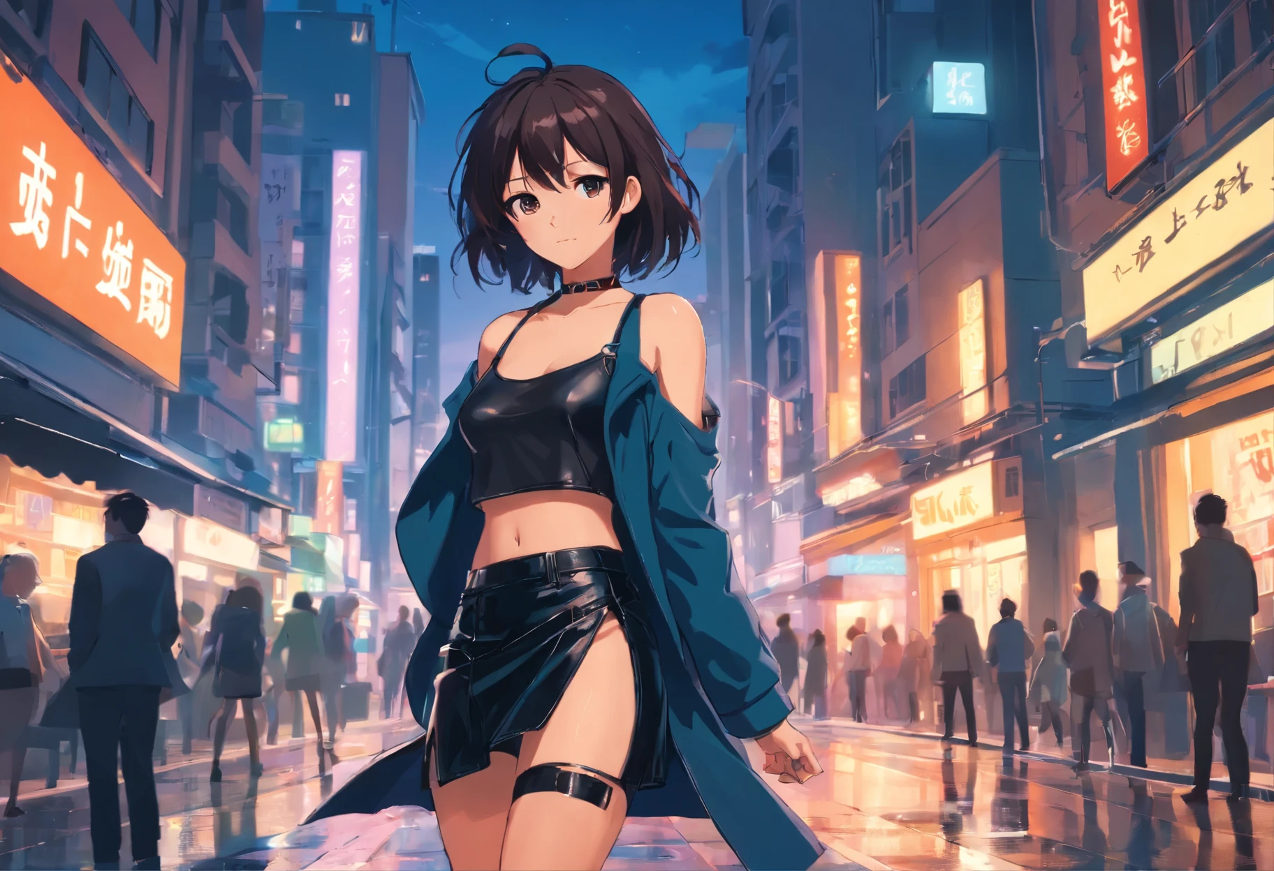 Anime girl standing on city street in leather skirt and black erotic lingerie, long-haired Ilya Kuvshinov, Guviz style artwork, anime art wallpaper 8 K, Guvitz on art station Pisif, Guwiz on Pisiv art station, cyberpunk anime art