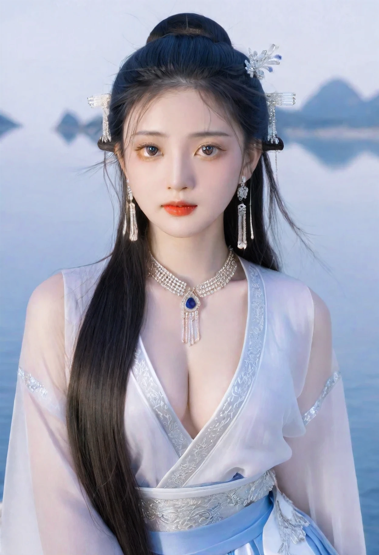 (photorealistic, best quality, ultra high res, extremely detailed eyes and face:1.3),(1girl, solo:1.3),skirt,jewelry,long_hair,necklace,earrings,perfect body,standing,large breasts,looking at viewer,chinese clothes,china dress,hanfu,