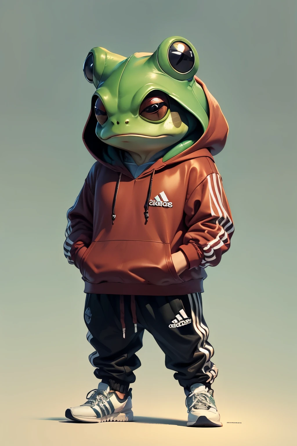 Anime of frog wearing red hoodies from adidas and logo Manchester United football club 、Cute、adidas sneakers(Body hair is green 、Details of the appearance of the frog)