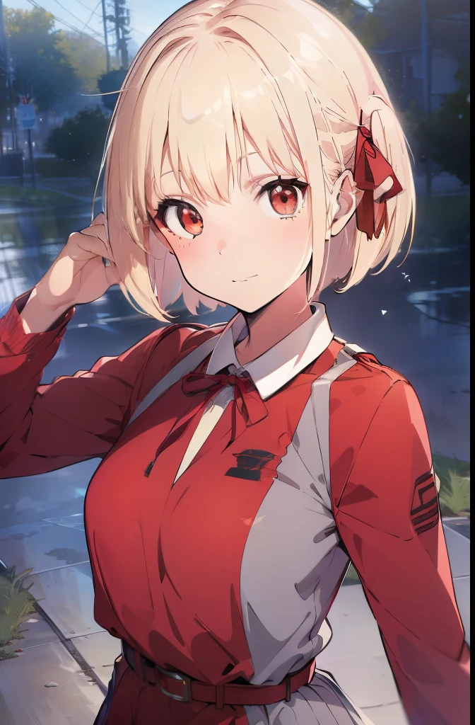 chisatonishikigi, nishikigi chisato, short hair, bangs, blonde hair, (red eyes:1.5), hair ribbon, one side up, bob cut,
BREAK shirt, long sleeves, dress, ribbon, white shirt, collared shirt, belt, neck ribbon, red dress, blue ribbon, pleated dress, grey dress, two-tone dress, red belt, lycoris uniform,,
BREAK outdoors, city,
BREAK looking at viewer, BREAK (masterpiece:1.2), best quality, high resolution, unity 8k wallpaper, (illustration:0.8), (beautiful detailed eyes:1.6), extremely detailed face, perfect lighting, extremely detailed CG, (perfect hands, perfect anatomy),