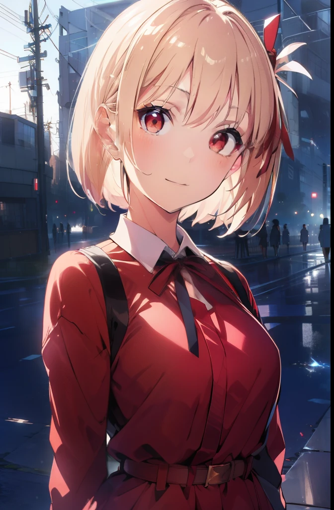 chisatonishikigi, nishikigi chisato, short hair, bangs, blonde hair, (red eyes:1.5), hair ribbon, one side up, bob cut,
BREAK shirt, long sleeves, dress, ribbon, white shirt, collared shirt, belt, neck ribbon, red dress, blue ribbon, pleated dress, grey dress, two-tone dress, red belt, lycoris uniform,,
BREAK outdoors, city,
BREAK looking at viewer, BREAK (masterpiece:1.2), best quality, high resolution, unity 8k wallpaper, (illustration:0.8), (beautiful detailed eyes:1.6), extremely detailed face, perfect lighting, extremely detailed CG, (perfect hands, perfect anatomy),