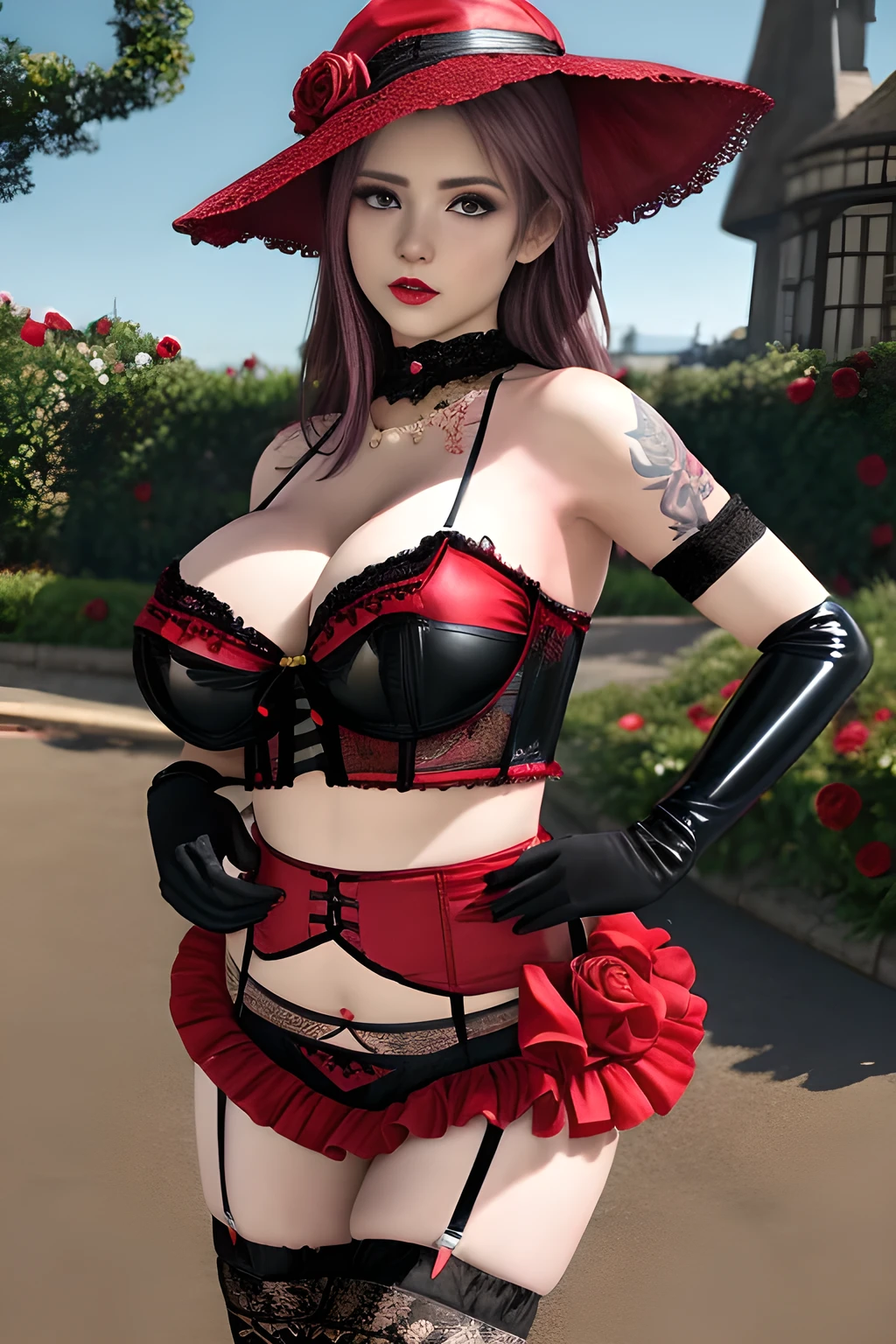 1 girl,BREAK (Royal:1.4), (red and black theme:1.5), ((red) bucket hat with rose corsage:1.4), (fusion of black high neck crop top and latex (red bustier):1.4), ((floral lace, see-through):1.3), ((sleeveless, bare shoulders):1.3), (red tiered skirt with black ruffles:1.4), ((ultra long gloves) with floral lace:1.3), (wrap a (cat garter) around thighs:1.4), outdoor,elegant,nighttime,moonlighe,shiny skin,( huge breasts), lip gloss,tattoos, masterpiece, best quality, realistic ,Surrealism,natural colors art in 8k,soft shadows,High-definition RAW color photos professional portrait photos,solo,  elise,