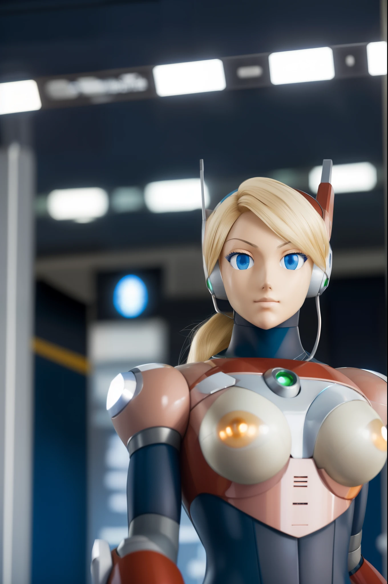 ultra detailed of a woman cyborg, 1girl, (natural skin texture, realistic eye details:1.2) alias_mega manx, alone, breasts, blue eyes, blonde hair, Android, long hair, robot ears, stand at attention, display, artwork, high quality, hypnotized, blank expression, mannequin