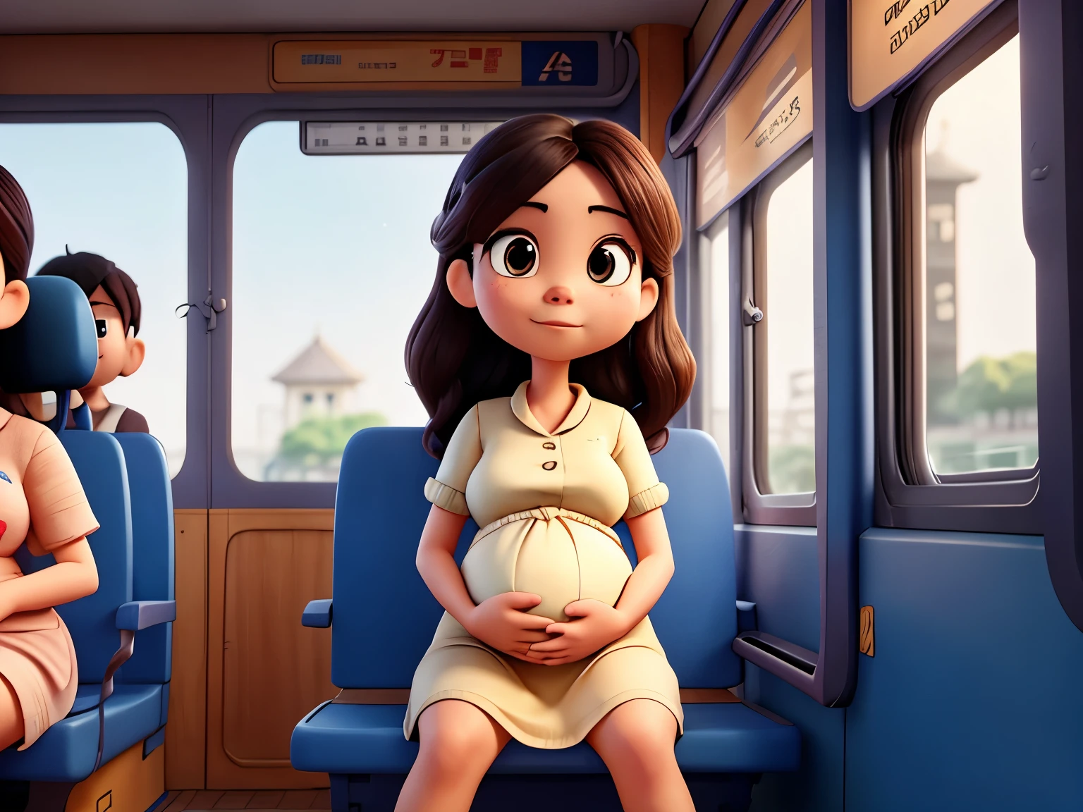 Cartoon character of 1 Asian pregnant woman sitting on bus seat near window, passenger standing by, best quality, sharp focus