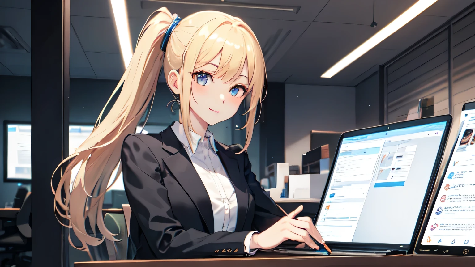 ((highest quality)), ((masterpiece)), (detailed), Perfect Face、office、desk work、blonde、Smooth Hair、ponytail、Black jacket and white shirt、Tablet terminal、