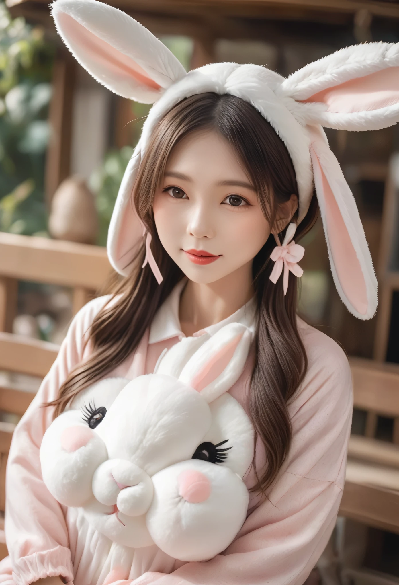 A woman wearing a furry bunny costume，Wearing big rabbit ears, full-body shot, Wide Angle, cute又充满童真表情, Professional Portraits, Super Fine 8K, high resolution, Detailed facial features, Detailed clothing, soft light, Fantastic, fantasy, Soft colors, cute