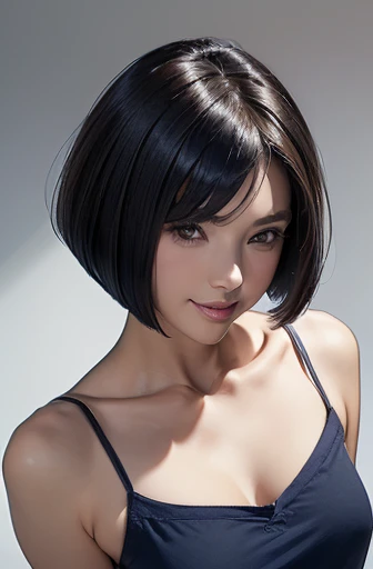 (masterpiece), (8k, best quality, high resolution), (ultra-detailed, realistic), (anatomically correct),
((from above)), ((look up and see the viewer)),
((face close-up)), (Standing), (No background),
(1woman),
(A Japanese woman, 30 years old and 155cm tall.),
((Create a detailed image of the eye)), ((dark brown eyes)),
(((Wear a navy blue tunic camisole))), ((A camisole without decoration.)),
(black hair), (straight hair), (short hair style), ((bob cut)),
((mole on right eye)),
((smile broadly)),
(Her impression is pure, clean and kind.),