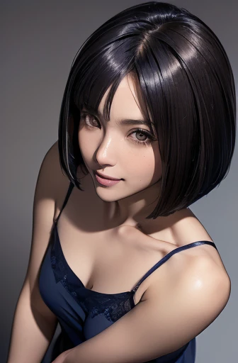 (masterpiece), (8k, best quality, high resolution), (ultra-detailed, realistic), (anatomically correct),
((from above)), ((look up and see the viewer)),
((face close-up)), (Standing), (No background),
(1woman),
(A Japanese woman, 30 years old and 155cm tall.),
((Create a detailed image of the eye)), ((dark brown eyes)),
(((Wear a navy blue tunic camisole))), ((A camisole without decoration.)),
(black hair), (straight hair), (short hair style), ((bob cut)),
((mole on right eye)),
((smile broadly)),
(Her impression is pure, clean and kind.),