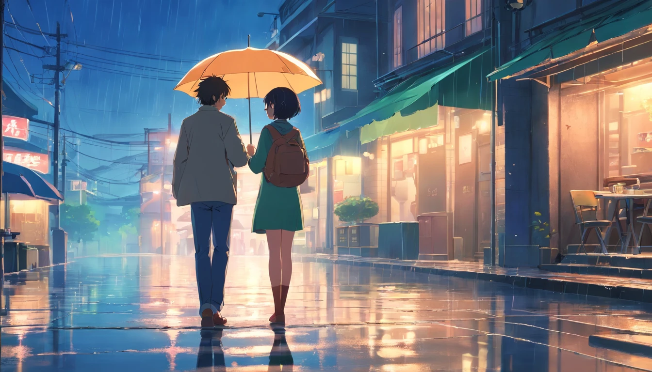 Couple　Emotional　Date　romantic　Soothing　rain　A little frog is hiding　Umbrella　Soothing　Puddle　Back view　Landscape　Shadow