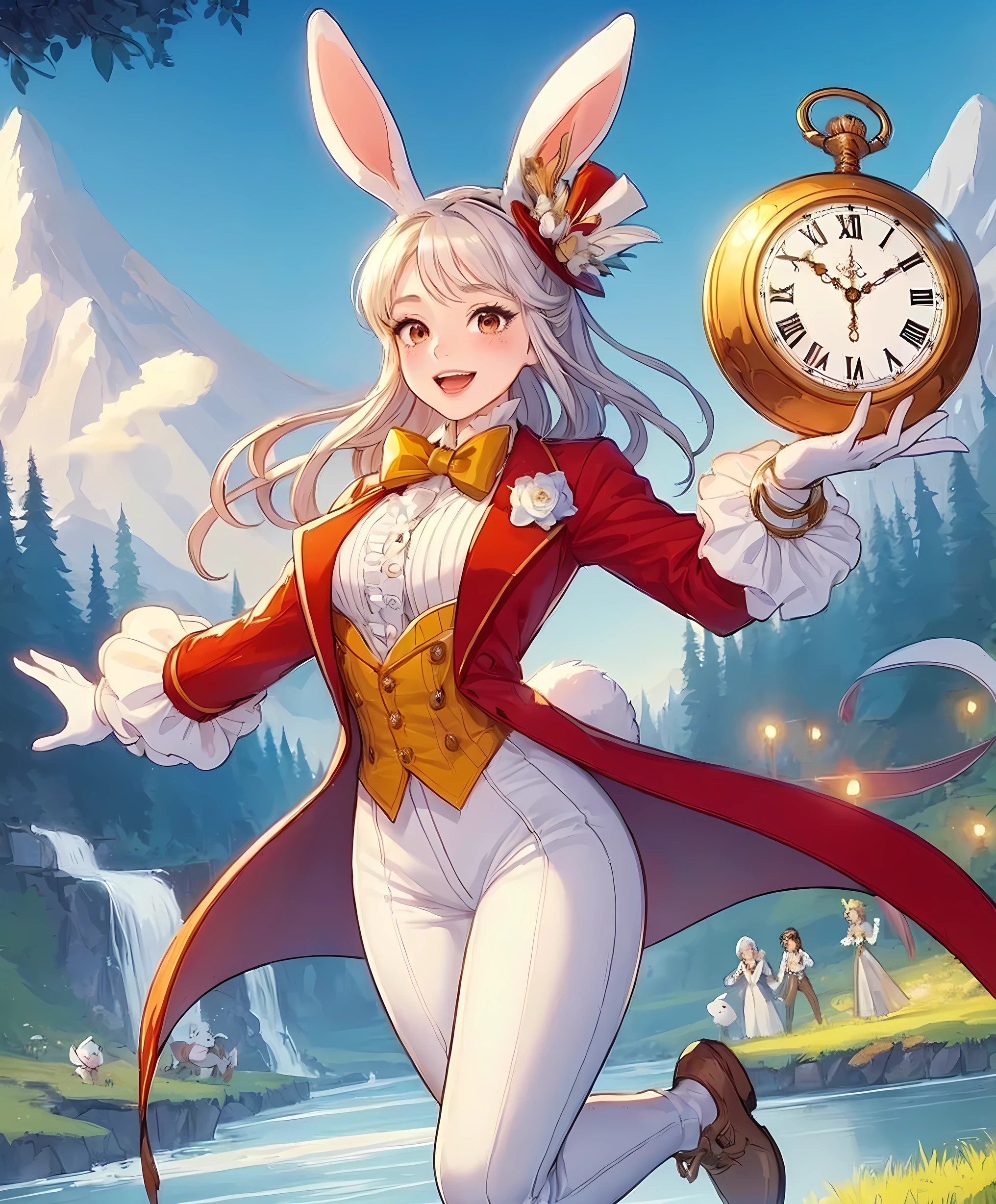 1lady solo, actress, singing, dynamic posing, (white rabbit ears:1.1), (red suit jacket), (yellow shirt), bowtie, pants, mature female, /(white hair/) bangs, blush light smile, (masterpiece best quality:1.2) delicate illustration ultra-detailed, large breasts BREAK (holding (large golden pocket watch:1.1) in hand) BREAK (theater stage) indoors, (Alice in Wonderland), wild mountain backdrop, spotlight, detailed background