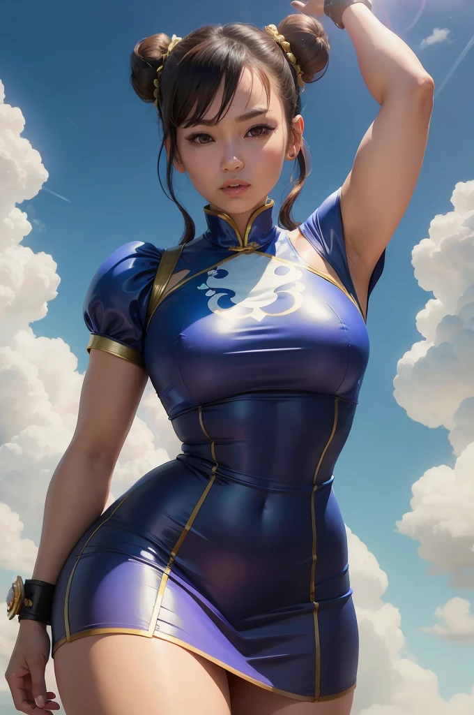 pose for a photo、Arafe woman wearing shiny blue clothes, portrait of Chunli, portrait of Chunli, Chunli, Chunli, Chunli, Chunli at the gym, highly detailed art germ, Sounds influenced by Vuong Zhu, Written by Oliver Shinn, Artjam and Ati Gailan, deviantart artstation cgscosiety, big breats, firm breast, wide hips, soaking