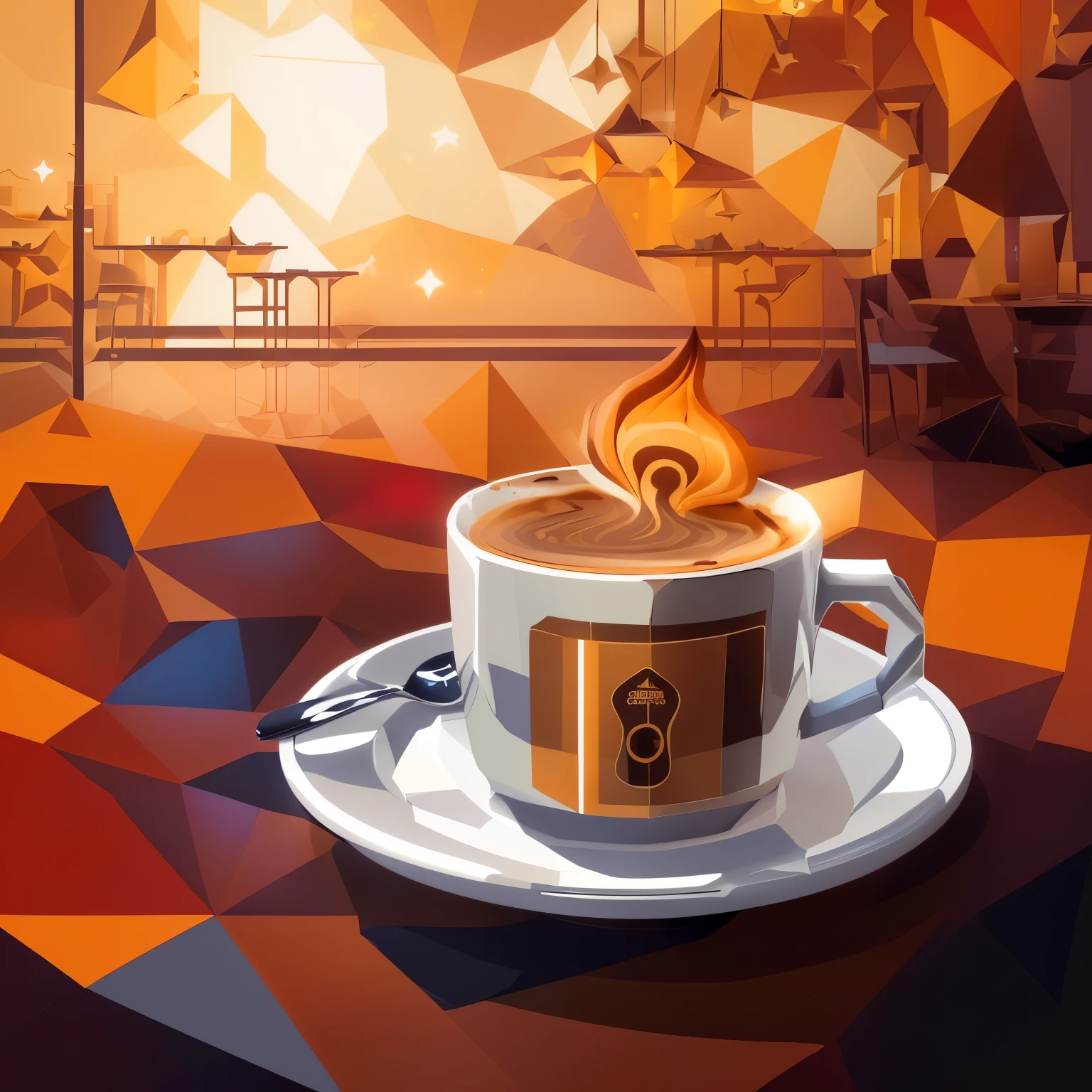 there is a cup of coffee with a spoon on a plate, low poly vector illustration, low polygons illustration, in style of digital illustration, cup of coffee, coffee and stars background, cozy cafe background, stylized digital illustration, hot coffee, flat vector art, in style of kyrill kotashev, coffee cup, low poly style, jen bartel