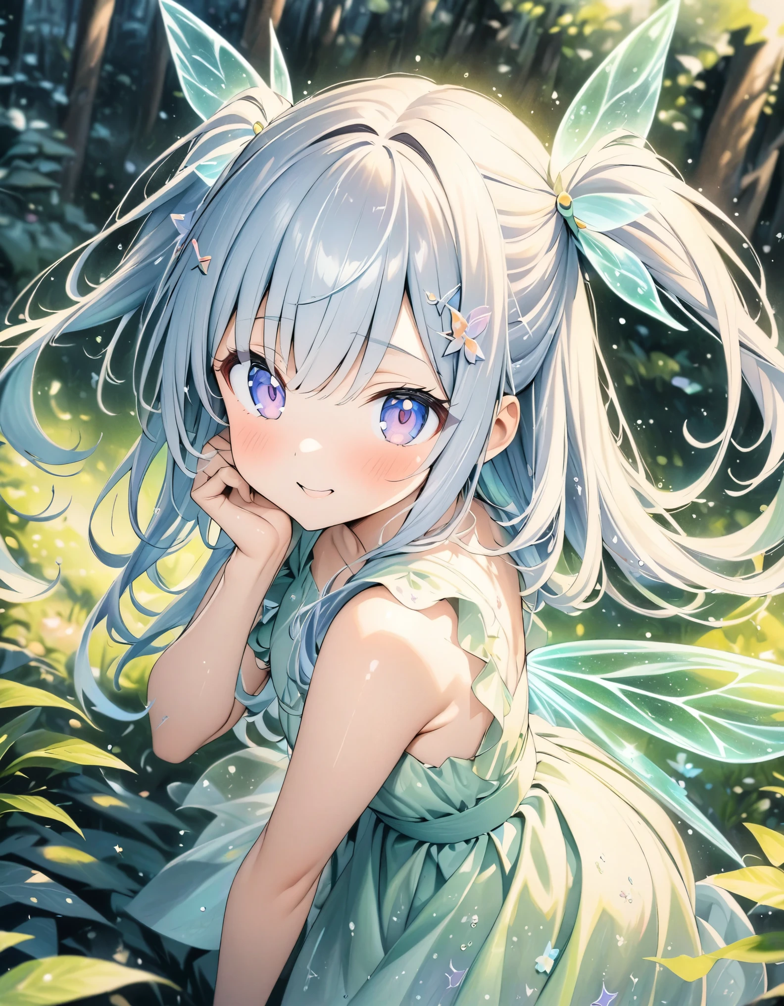 ((style:colored pencil,Pale colors)),(anime)、(masterpiece:1.2),in the forest、Transparent sparkly fairy wings、Fairy Girl、hair ornaments、Two Side Up