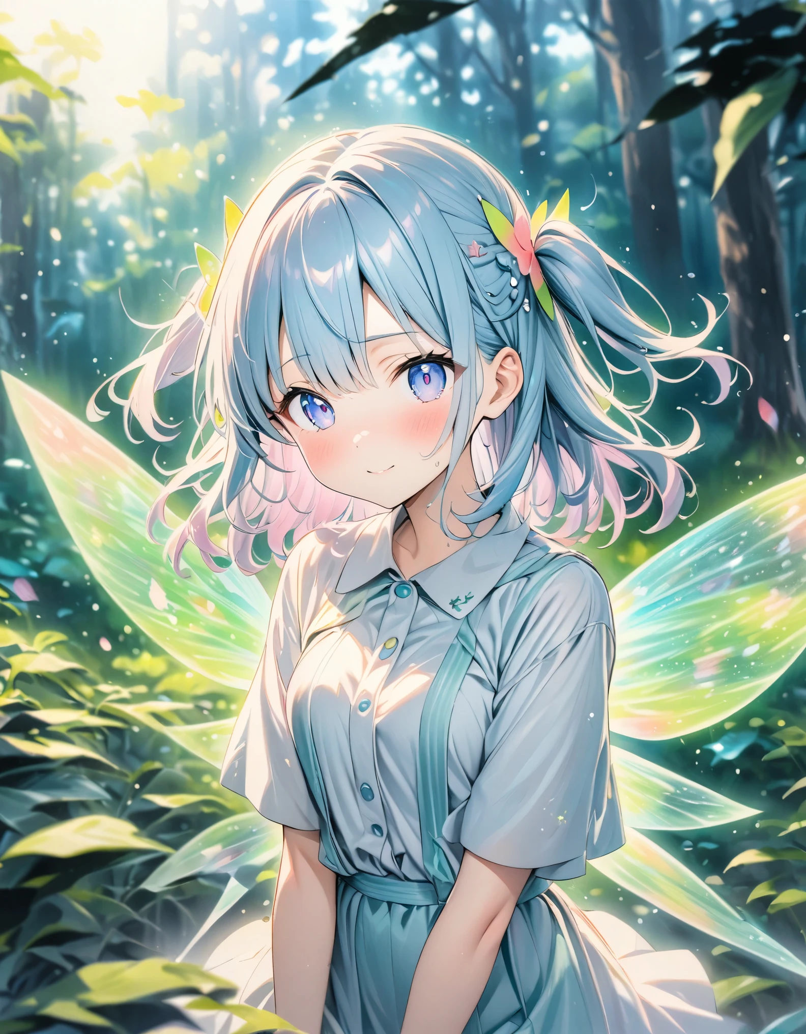 ((style:colored pencil,Pale colors)),(anime)、(masterpiece:1.2),in the forest、Transparent sparkly fairy wings、Fairy Girl、hair ornaments、Two Side Up、Light effects、Front blur