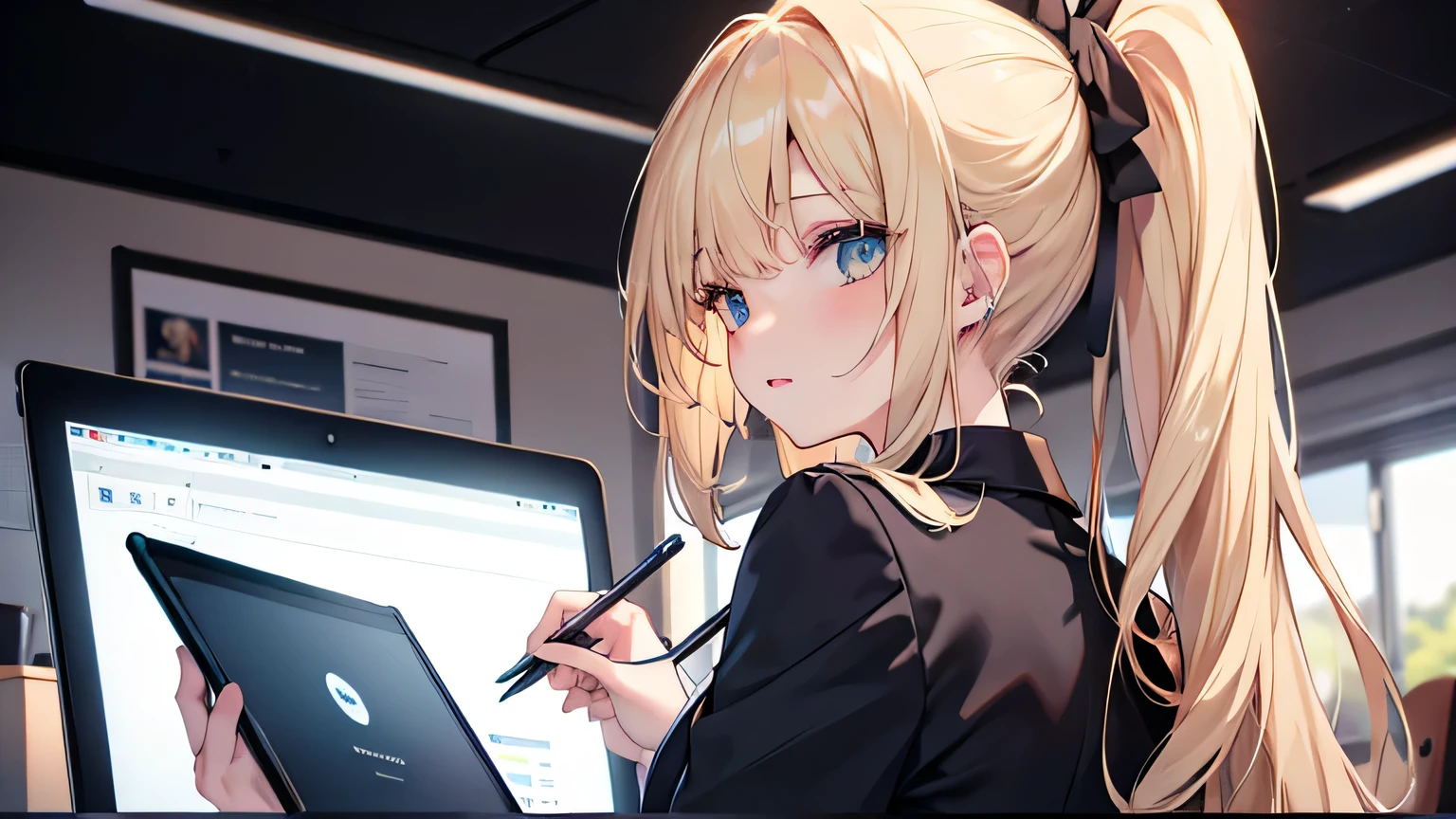 ((highest quality)), ((masterpiece)), (detailed), Perfect Face、office、desk work、blonde、Smooth Hair、ponytail、Black jacket and white shirt、Tablet terminal、