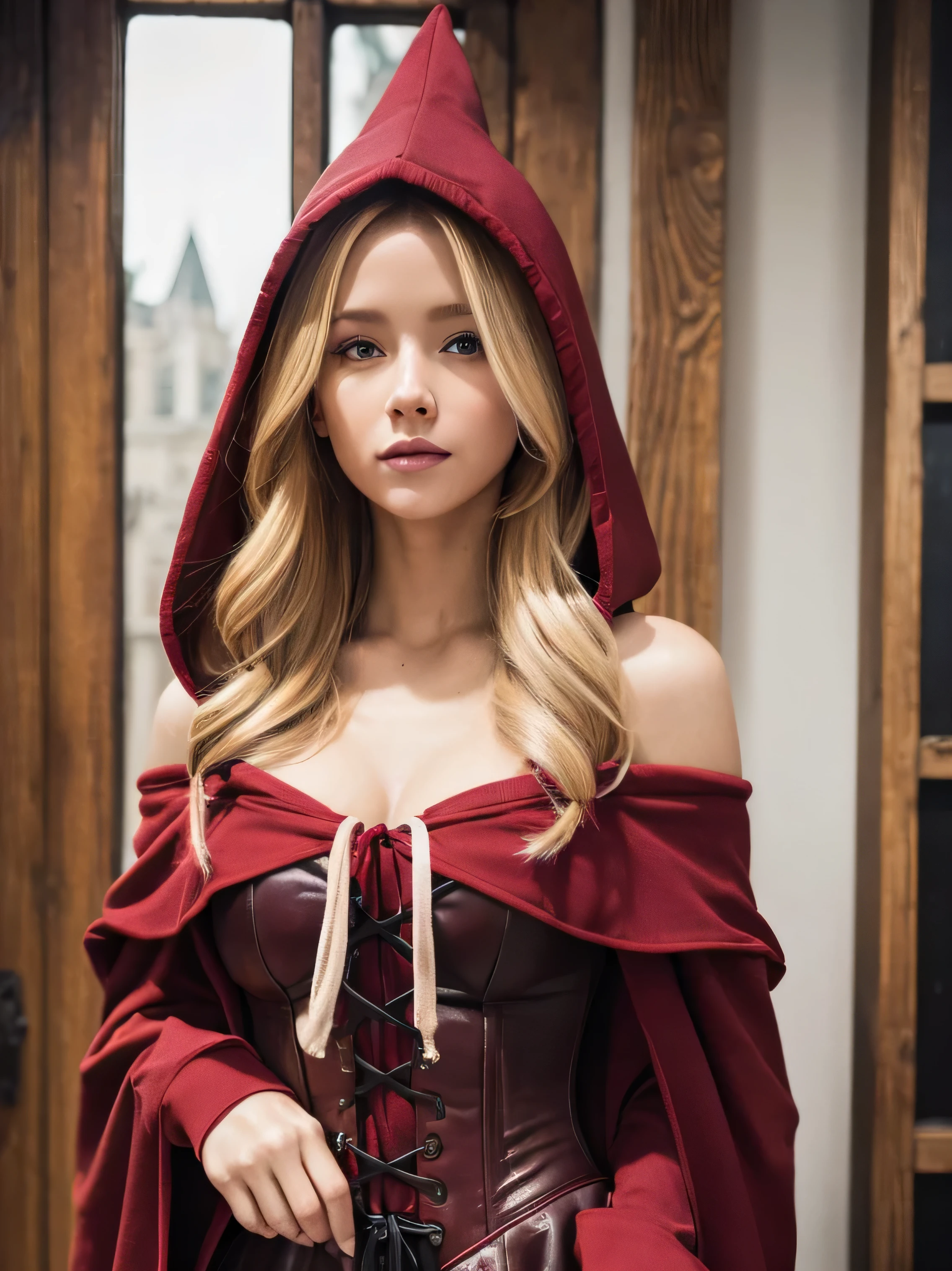 blond woman in a red hoodie and black corset posing for a picture, off shoulder, a portrait inspired by Magali Villeneuve, tumblr, renaissance, thief maroon riding hood, maroon hood cosplay, anime girl cosplay, dressed in a beautiful maroon cloak, maroon hooded mage, maroon riding hood, dark red, maroon dress and magic witch hat, maroon and black cape and hoodie
