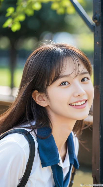 (highest quality,8K quality,masterpiece:1.3),(Ultra-high resolution,Realistic:1.4,RAW Photos),(Very detailed,Caustics,Detailed Background),(Ultra-Realistic Capture,beautifully detailed skin,Perfect Anatomy),high school student、blue sky,School building,Schoolyard,18-year-old,cute,double eyelid,,Looking into the camera,Laughter,Bust up shot,Natural soft light、(run and jump)