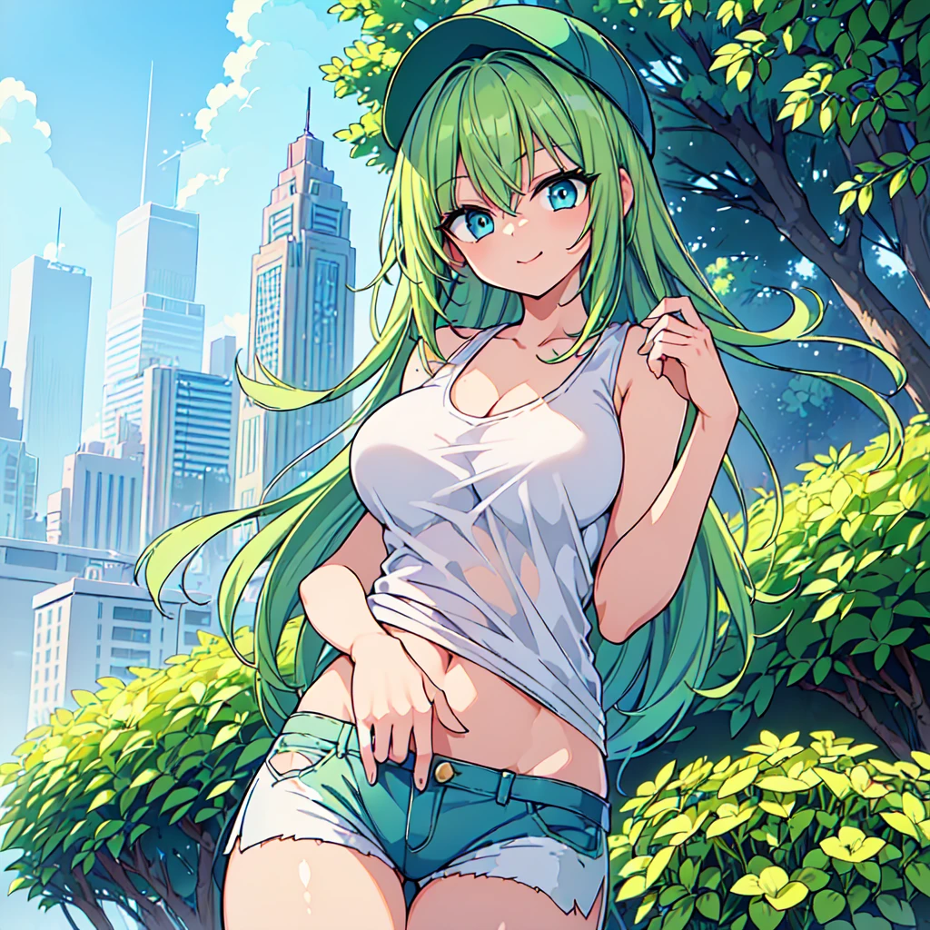 ((Cute girl with green hair and blue eyes)), ((Wearing a white tank top and hot pants)), ((Wear a hat)), Baby Face, ((highest quality, masterpiece, 超High resolution, High resolution)), Anime Girls, ((Highly detailed illustration:1.2)), Just one, bangs, Hair between the eyes, Beautiful Hair, Beautiful Eyes, Center of chest, Big smile, Cityscape