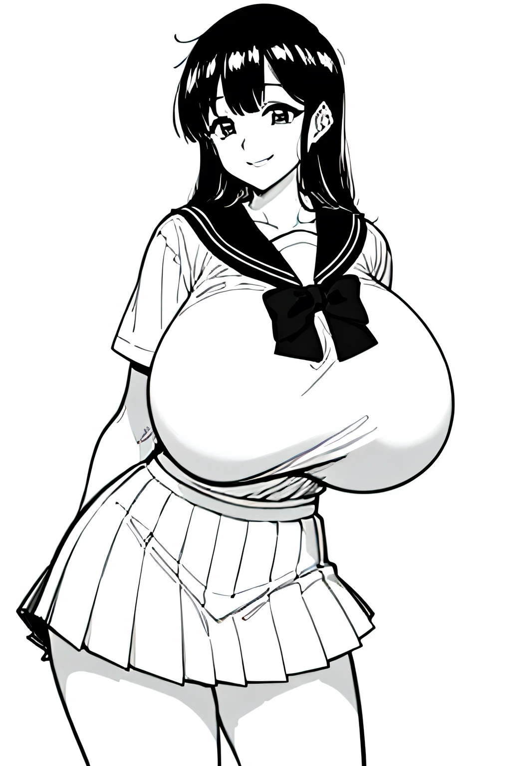 masterpiece,highest quality,One high school girl,Long black hair,smile,(Huge breasts:1.2),Short sleeve,Cute Sailor Suit,Pleated skirt,Sailor scarf,socks,loafers,Street,Monochrome,Line art,Cowboy Shot