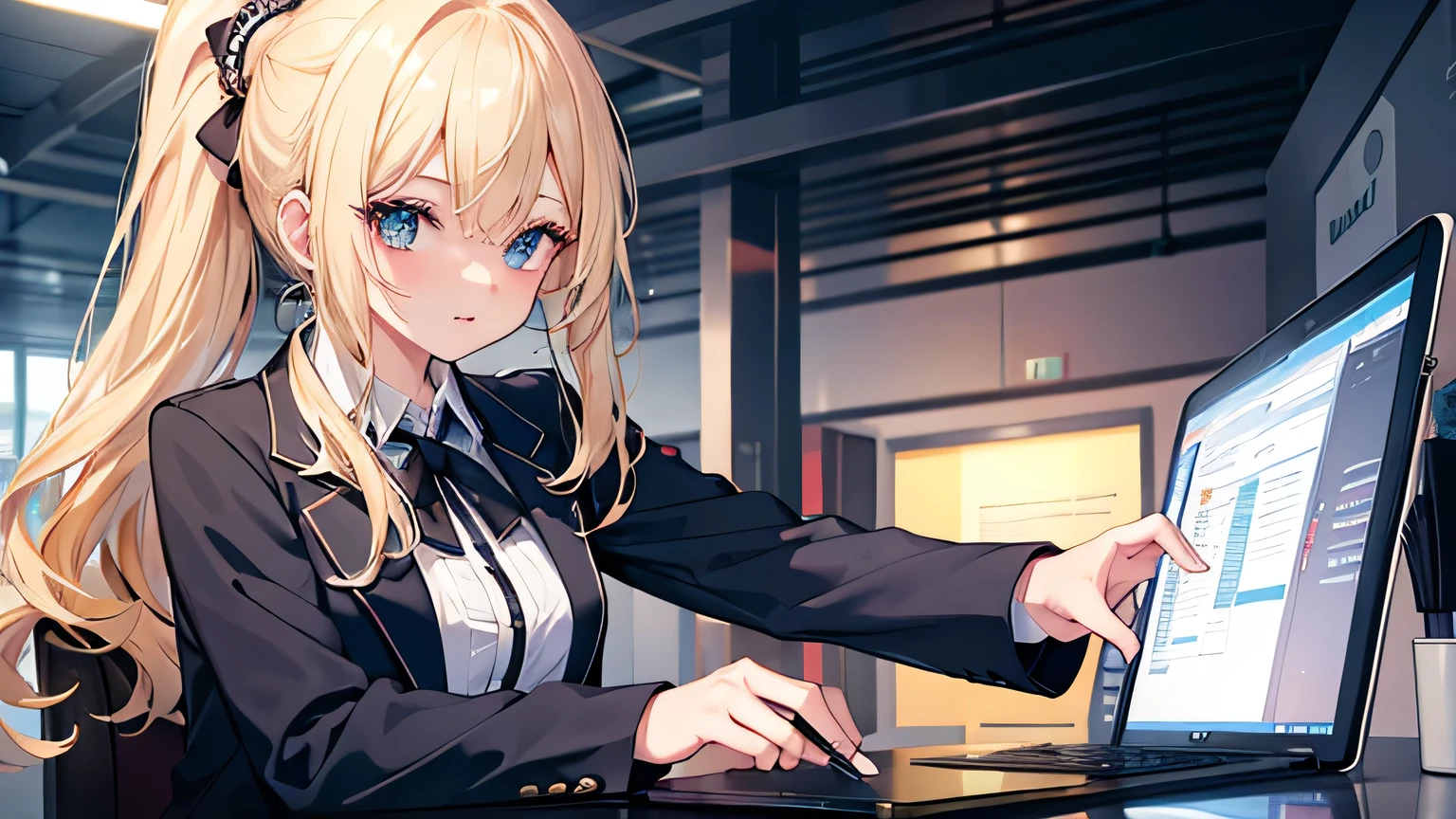 ((highest quality)), ((masterpiece)), (detailed), Perfect Face、office、desk work、blonde、Smooth Hair、ponytail、Black jacket and white shirt、Tablet terminal、
