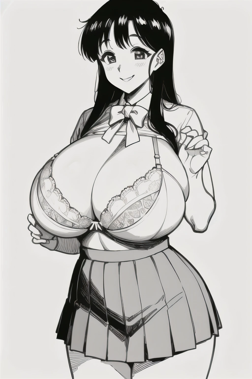 masterpiece,highest quality,One high school girl,Long black hair,smile,(Huge breasts:1.2),(Pure white lace bra:1.2),Pleated skirt,socks,loafers,Street,Monochrome,Line art,Cowboy Shot