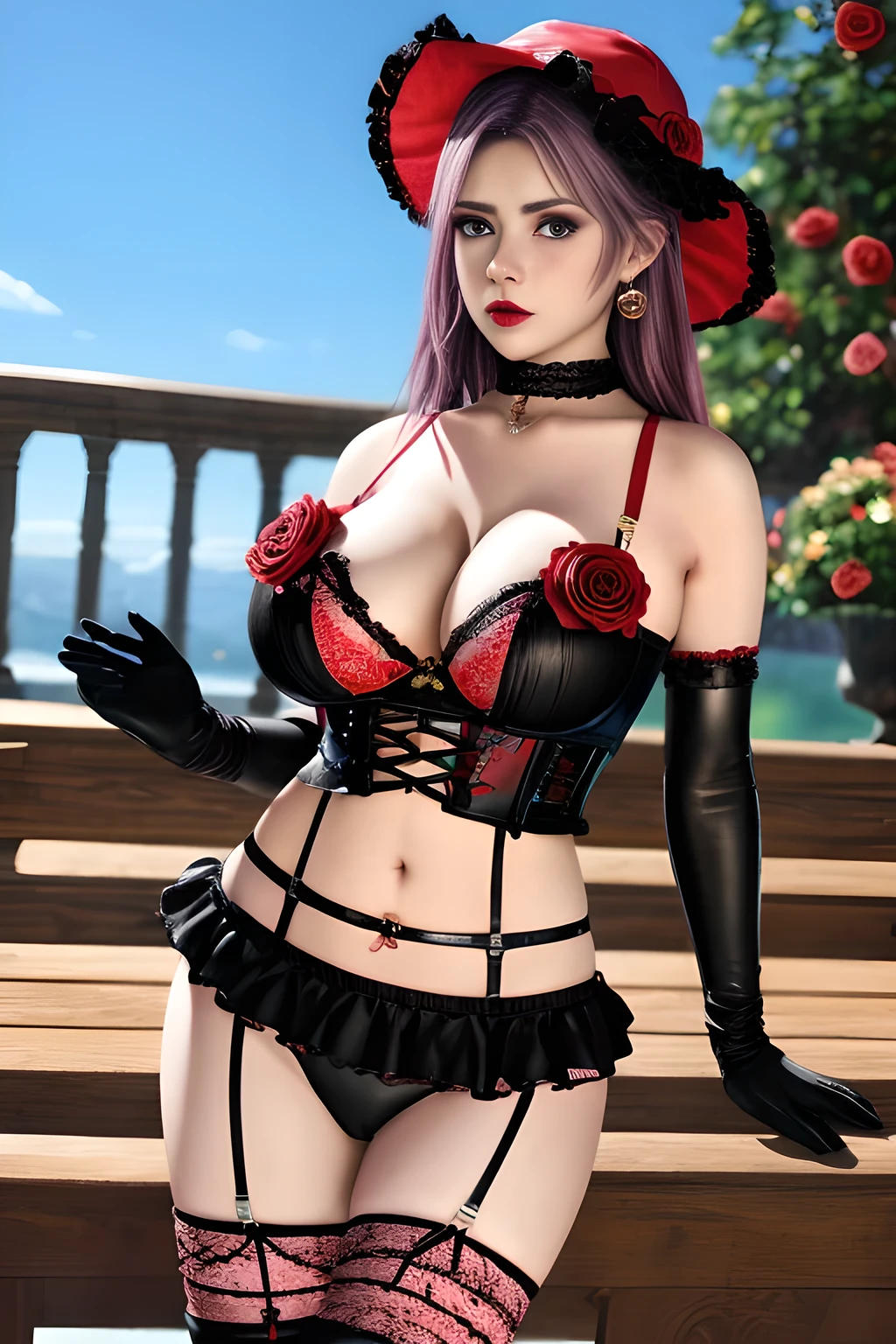 1 girl,BREAK (Royal:1.4), (red and black theme:1.5), ((red) bucket hat with rose corsage:1.4), (fusion of black high neck crop top and latex (red bustier):1.4), ((floral lace, see-through):1.3), ((sleeveless, bare shoulders):1.3), (red tiered skirt with black ruffles:1.4), ((ultra long gloves) with floral lace:1.3), (wrap a (cat garter) around thighs:1.4), outdoor,elegant,nighttime,moonlighe,shiny skin,( huge breasts), lip gloss,tattoos, masterpiece, best quality, realistic ,Surrealism,natural colors art in 8k,soft shadows,High-definition RAW color photos professional portrait photos,solo, elise,