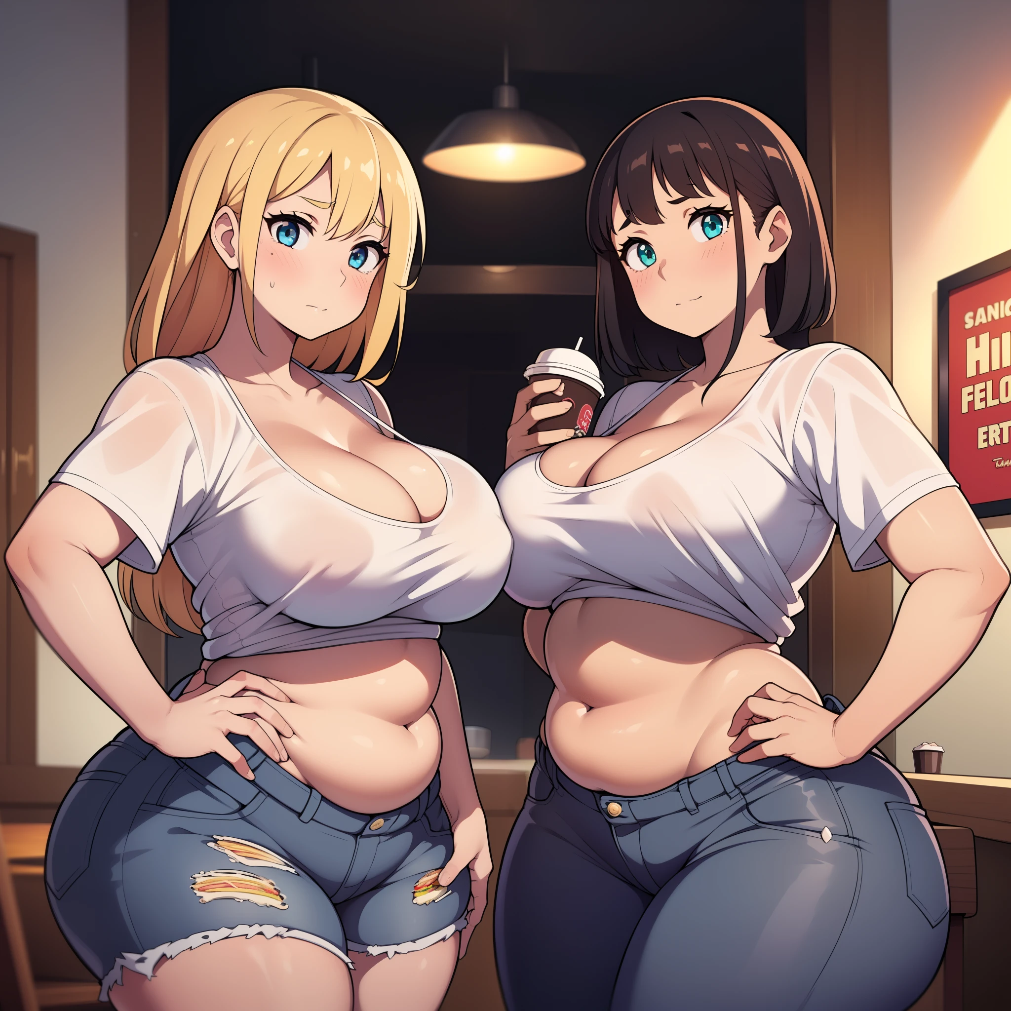 ((highres)), Masterpiece, high quality, best quality, beautiful, perfect lighting, detailed face, ultra cute face, looking at viewer, embarrassed, ((2girls)), blush, one girl has blonde hair, blue eyes, crop top and shorts, one girl has brown hair, green eyes, jeans, white shirt, fast food restaurant, cleavage, medium breasts, ((wide hips)), (thick thighs), ((fat ass)), ((plump)), chubby belly, belly grab, fat folds, standing next to each other,