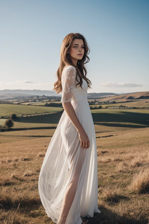 Une photographie d'une femme aux long cheveux roux balayées par le vent, dressed in a transparent white dress, la campagne irlandaise en fond, emanating from untamed beauty, Realistic photo, high resolution, very detailed,