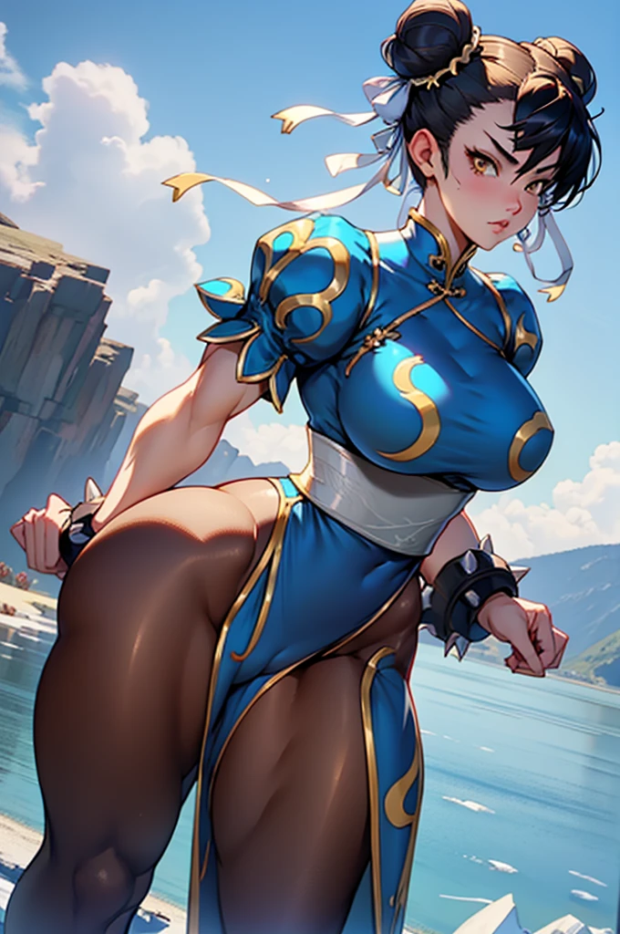 1chun li girl, black hair, yellow eyes, very long hair, pale skin, curvy, big breasts, firm breats, frozen lake, wide hips, slim body