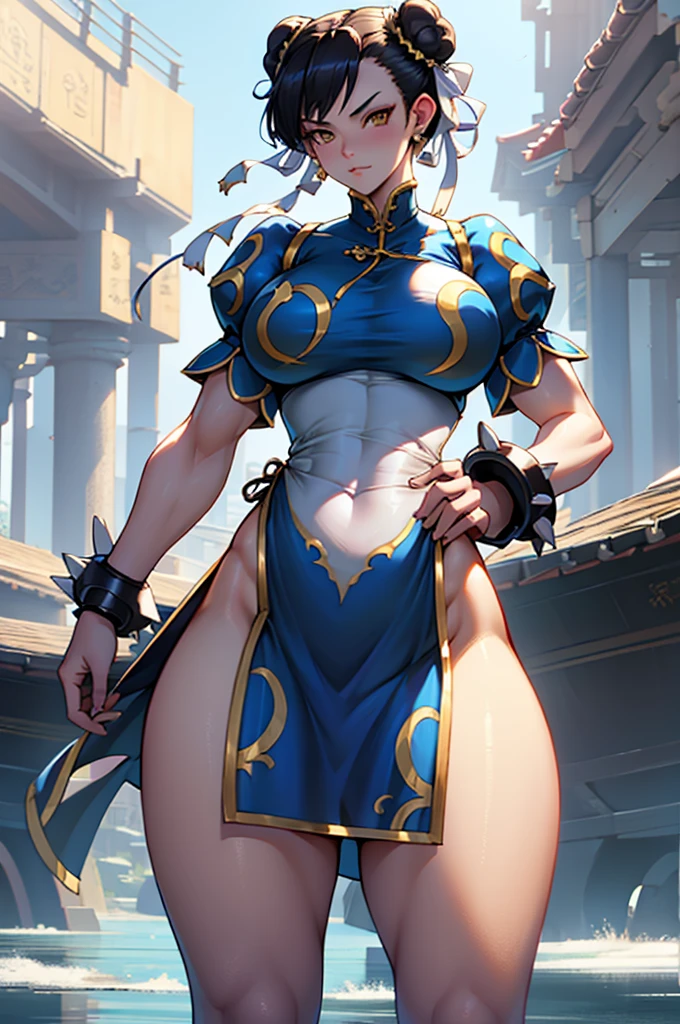 1chun li girl, black hair, yellow eyes, very long hair, pale skin, curvy, big breasts, firm breats, frozen lake, wide hips, slim body