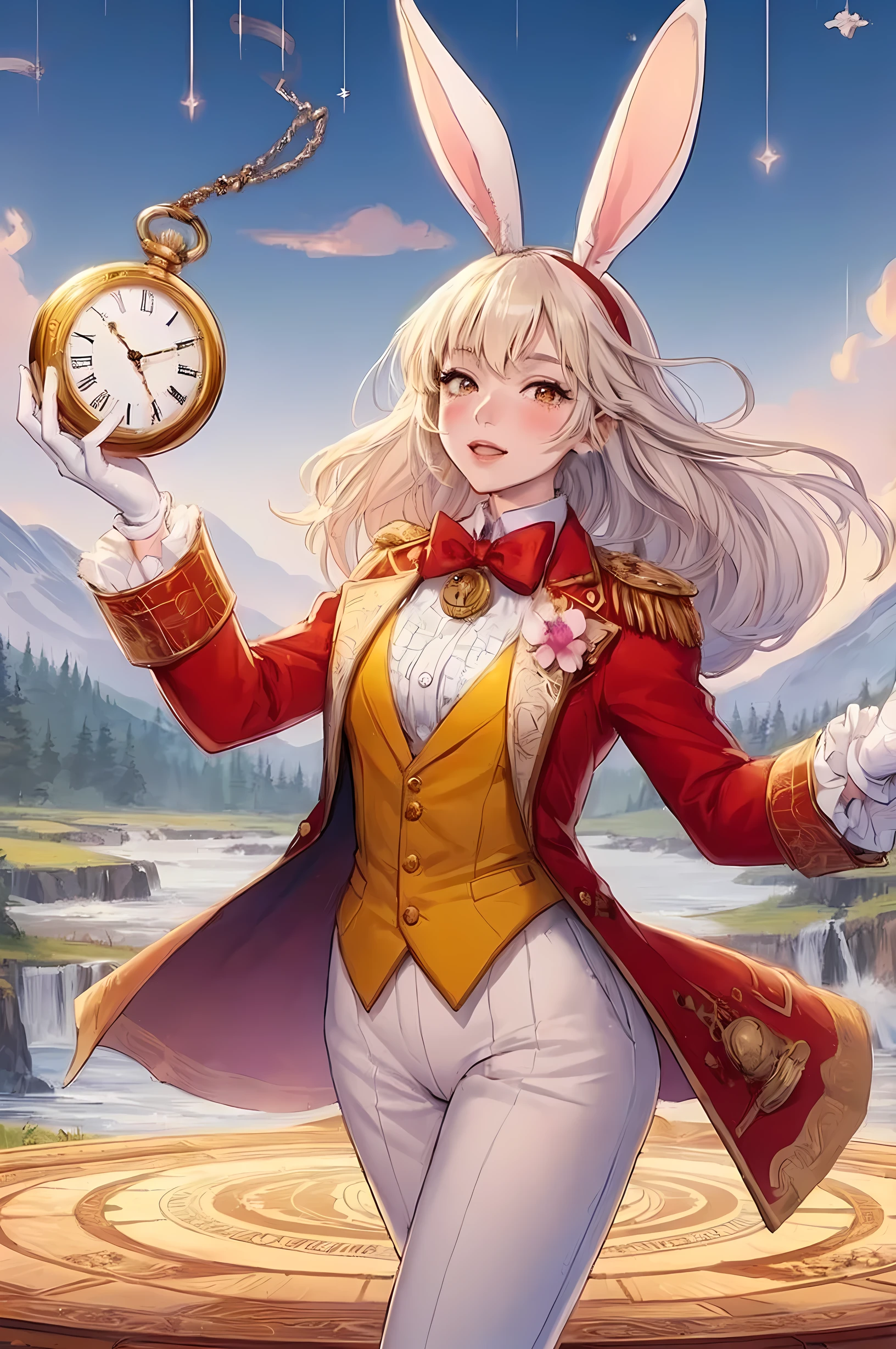 1lady solo, actress, singing, dynamic posing, (white rabbit ears:1.1), (red suit jacket), (yellow shirt), bowtie, pants, mature female, /(white beige hair/) bangs, blush (light smile:0.8), (masterpiece best quality:1.2) delicate illustration ultra-detailed, large breasts BREAK (holding (large golden pocket watch:1.1) in hand) BREAK (theater stage) indoors, (Alice in Wonderland), wild mountain backdrop, spotlight, detailed background