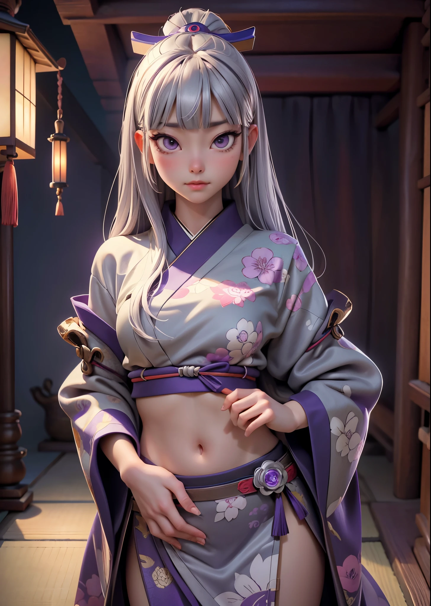 (masterpiece, highest quality, highest quality, Official Art, beautifully、aesthetic:1.2),Cowboy Shot、 (A girl wearing a Japanese female Noh mask)、Big purple eyes、Beautiful belly、(Long silver hair with bangs)、Old shrine、Very detailed,(Fractal Art:1.3)、Perfect lighting、Sharp focus、High resolution、High resolution、High color rendering、High resolution、Super realistic、