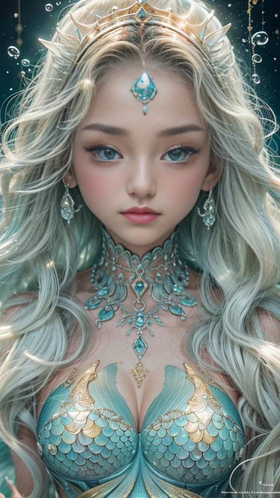 (RAW shooting, 24k, highest quality, masterpiece, Ultra-high resolution), (Under the sea at night:1.0, moonlight:0.7, Mysterious underwater world:1.2, Expressions of sadness:1.0), Fractal Art:1.2, Perfect dynamic composition:1.2, Highly detailed skin and facial textures:1.2, (Viewing the subject from a distance:1.2, Dynamic flow of water waves:1.0, mermaid figure:1.0, Mermaid tail), Fair skin, Incredibly slim body:1.2, Very beautiful face, Water droplets on the skin, Accurate and detailed, Rain drips down on my body, Wet body, Wet Hair, Swimming Pro:1.0, Gorgeous silver shiny mermaid dress, Big eyes that exude beauty, Beautiful big lips, Very sweet atmosphere, necklace, Earrings, bracelet, Coral Reef