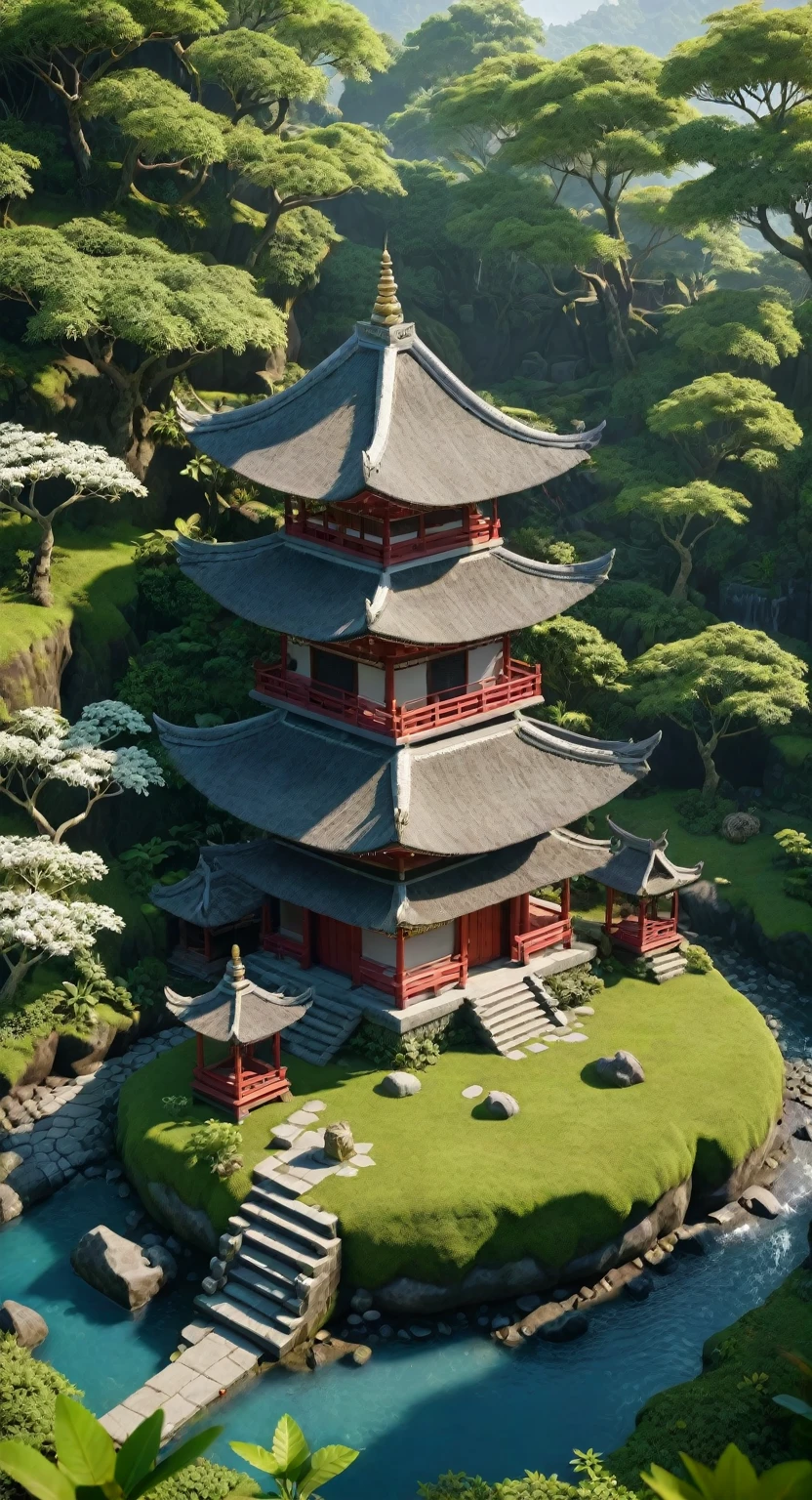 (isometric 3D),(masterpiece), (чрезвычайно подробные обои CG Unity 8k), (Best quality), (best illustration), (best shadow),, spicy , Balinese temple, Round turnip hut, covered with moss, ,octane number,ray tracing,ultra detailed