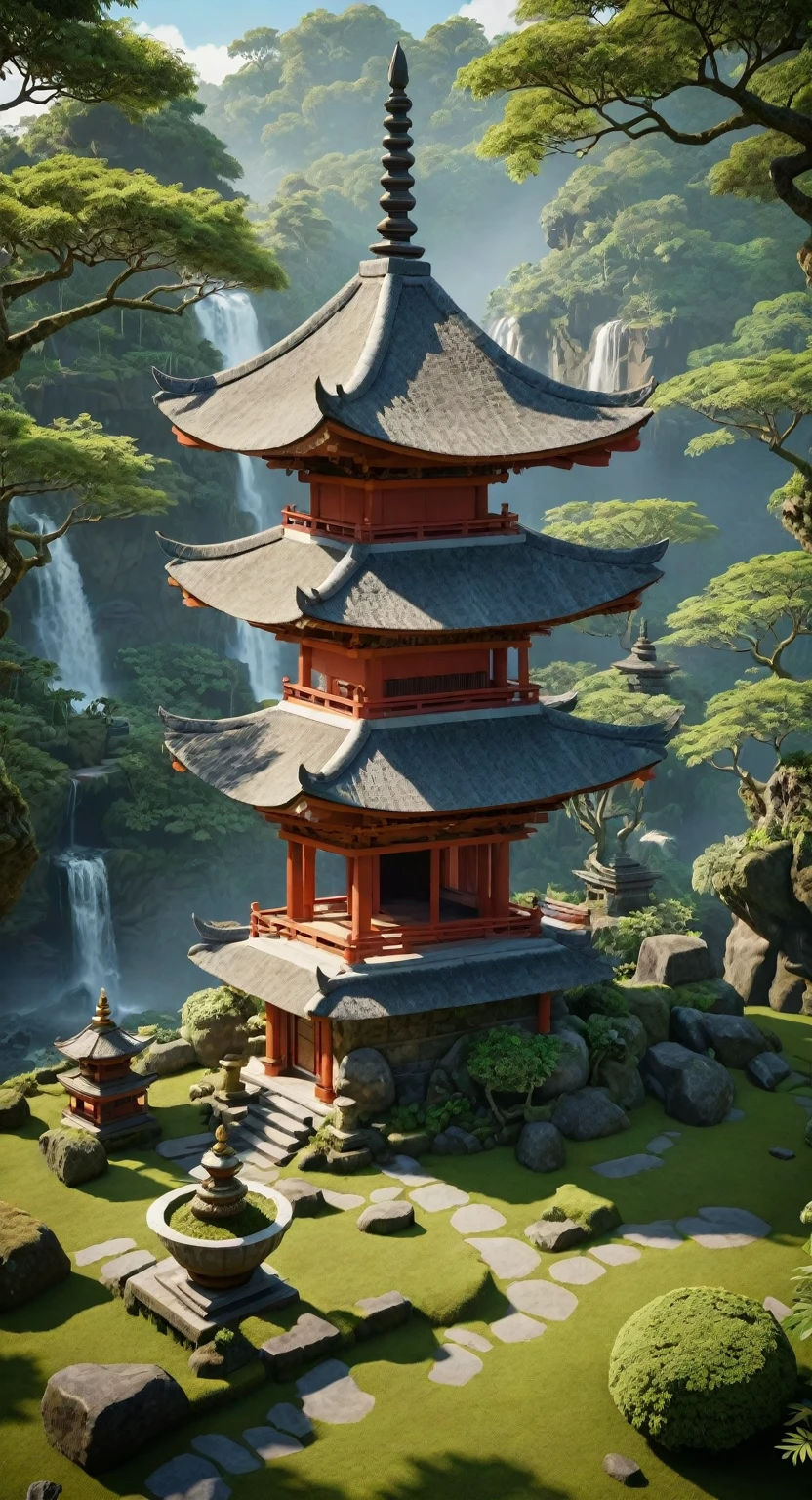 (isometric 3D),(masterpiece), (чрезвычайно подробные обои CG Unity 8k), (Best quality), (best illustration), (best shadow),, spicy , Balinese temple, Round turnip hut, covered with moss, ,octane number,ray tracing,ultra detailed